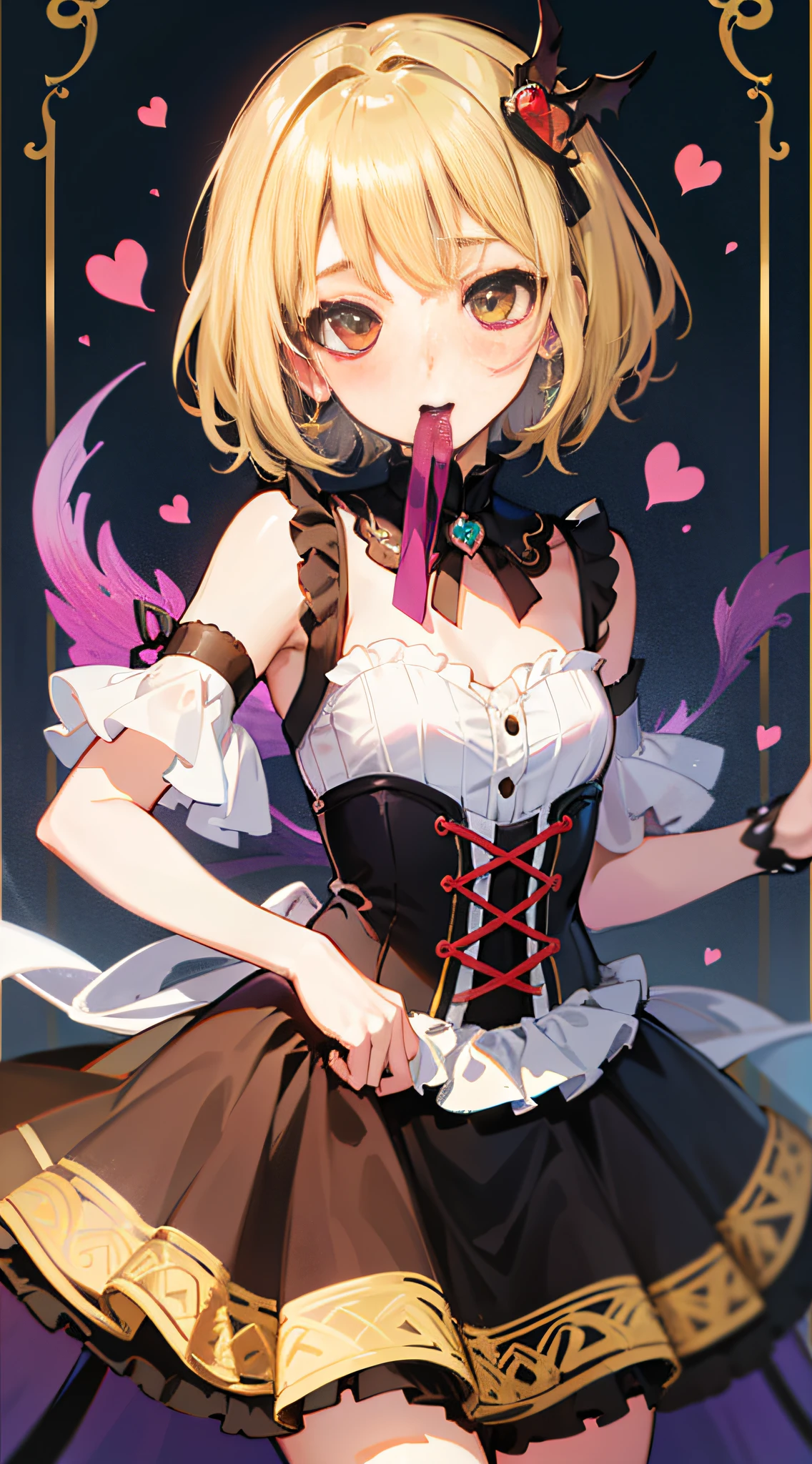 masterpiece, top quality, cute, beautiful, elegant, blonde, short, ribbon on chest, small breasts, jewelry, hair ornaments, shortcuts, bangs, skirts, dresses, heart, blush, upper body, one girl, mouth slightly open, toothless, look viewer, harem costume, sagging eyes, brown eyes, rent a girlfriend, grace, short hair