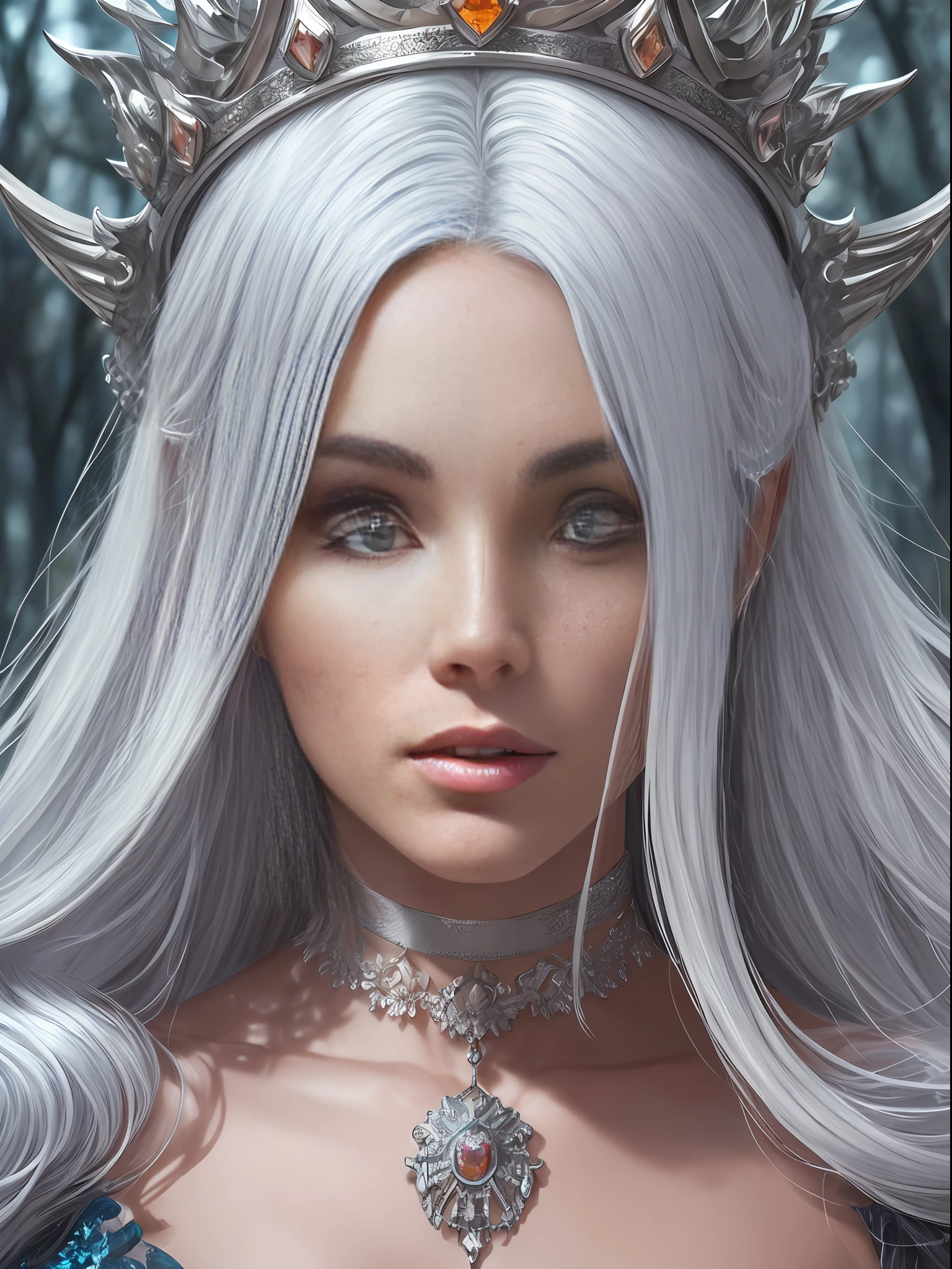 (((Woman with platinum hair))), most beautiful chaos, elegant, a designed brutalist, vivid colors, a beautiful crown on her head, detailed face, detailed skin, front, background frozen forest, cover, unzoom, choker,luminism,complex, by Greg Rutkowski, Artgerm, WLOP, Alphonse Mucha, 8k, super detail, masterpiece, anatomically correct, textured skin, high details, high quality, award winning, 8k