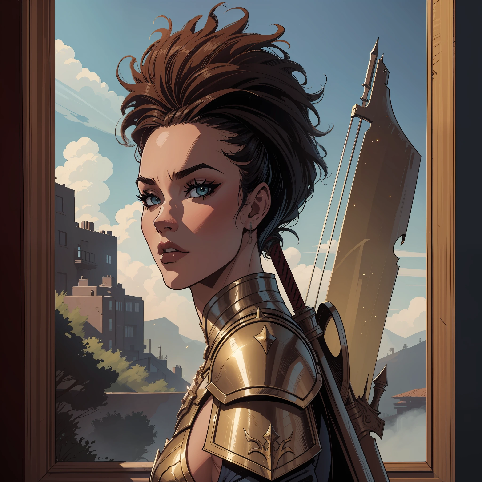 Comic style, inked, lineart style, a woman with a sword and armor, influencia de DeviantArt, dynamic lighting, cinematic shadows, flat art, uhd