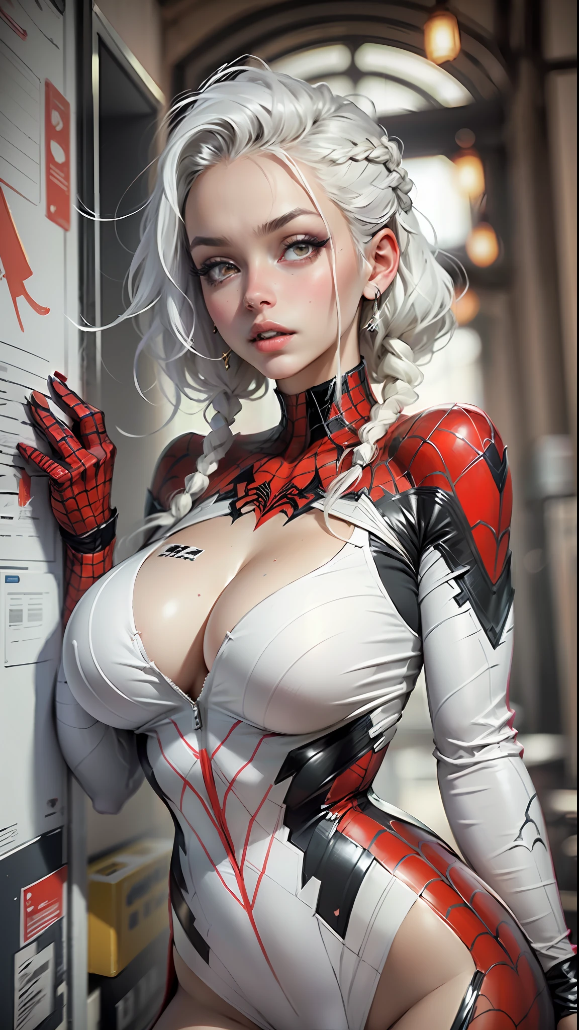 "Superior quality, masterpiece: woman with super big tits, white hair, golden eyes, white clothes, look up, side braids, with big tits, with Spiderman suit, huge breasts, a big cleavage, super huge breasts that stand out"