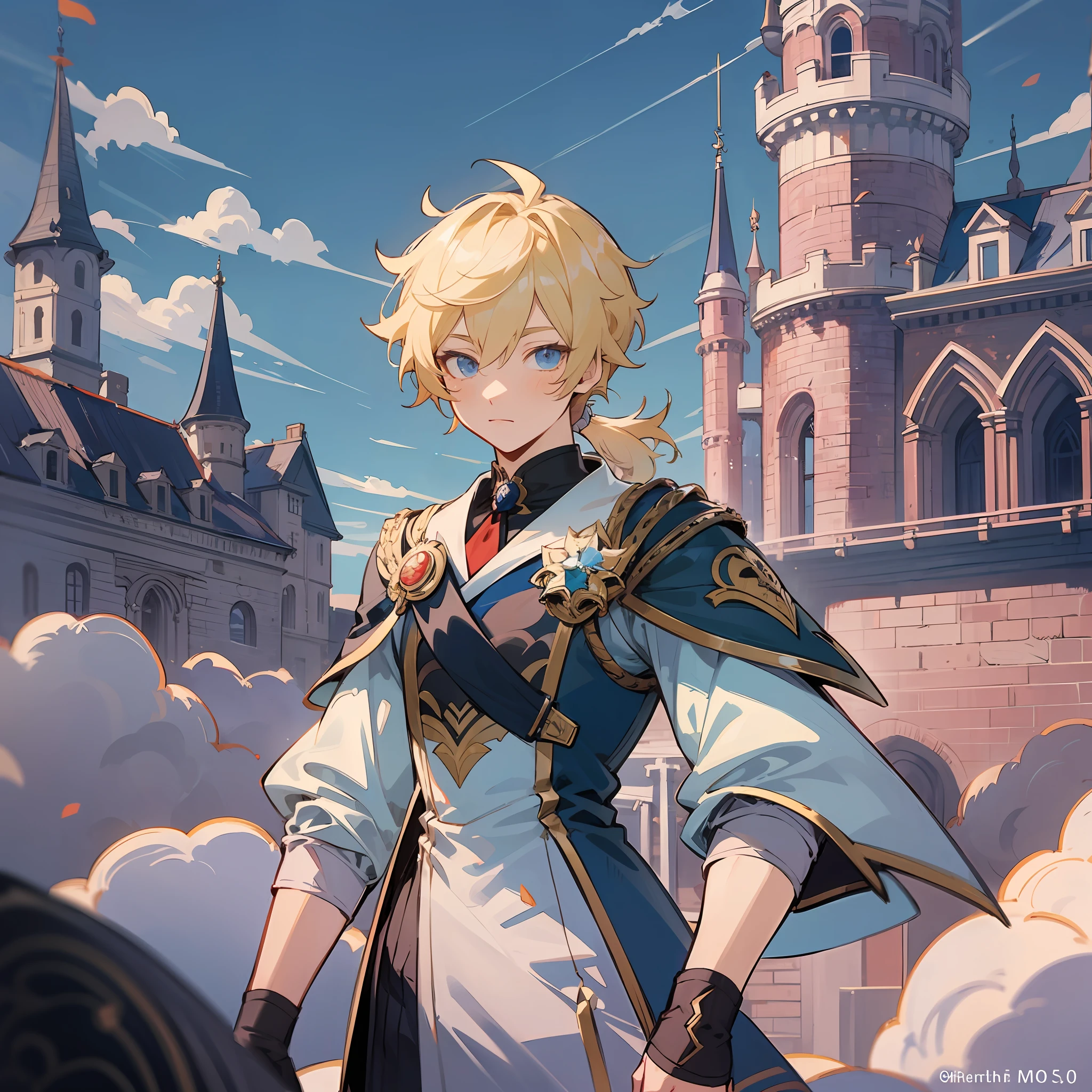 A boy, a prince, blond hair, blue lock, blue eyes, thin, royal dress, with a sword, hair with a low ponytail, in front of a castle, anime style, 2d, genshin impact style, anemo, high quality, manga--Counterfeit-V3.0