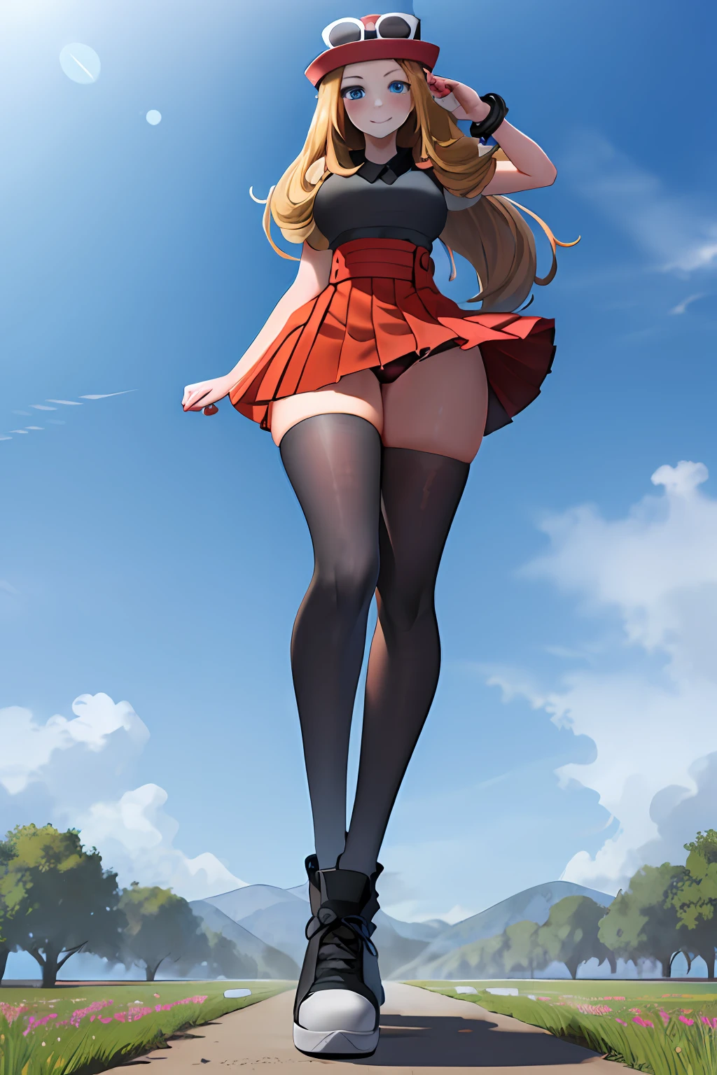 masterpiece, best quality, highres, blue eyes, serena \(pokemon\), 1girl, solo, thighhighs, long hair, hat, jewelry, bracelet, black thighhighs, collared shirt, pleated skirt, red skirt, sleeveless, high-waist skirt, sleeveless shirt, eyelashes, pink headwear, black shirt, eyewear on headwear, (full body:1.5), giantess, smile, (from below:1.5), (thick thighs:1.3), looking down at viewer, upskirt, character_pokemon_serena, gts, (large breasts:1.3), field, (looming:1.3), mature female, high quality, hd quality, masterpiece, photorealistic, stepping, under skirt, black panties, shoe soles, standing on one leg, close-up foot, intense angle, knee up, closed mouth, blush, smile