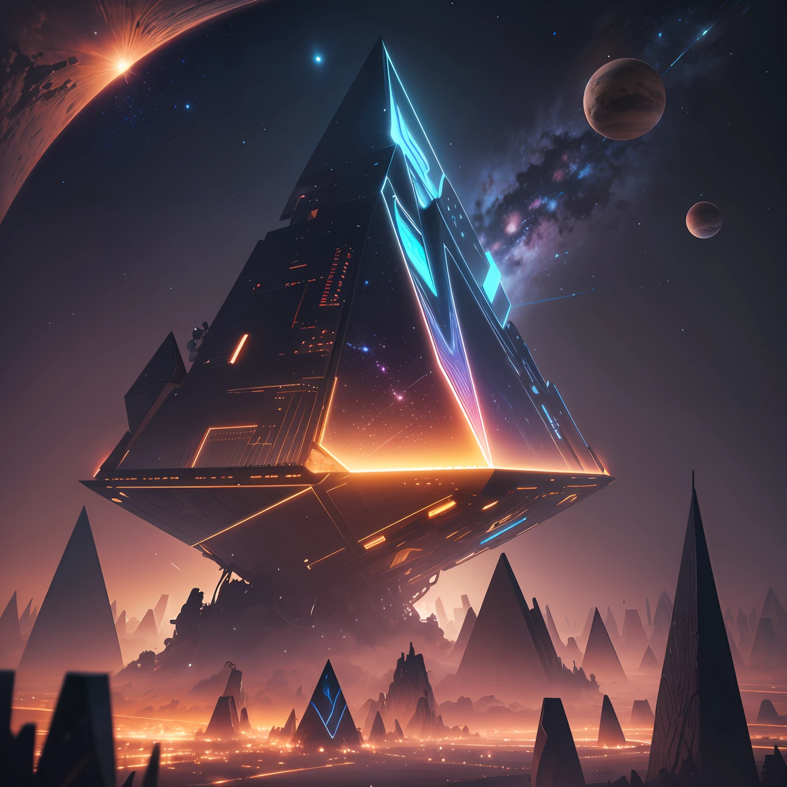 a futuristic galaxy with a pyramid of metal, in the style of piles/stacks, infinity nets, planet in space octane rendering, cinematic lighting, future glitch abstract universe 4k