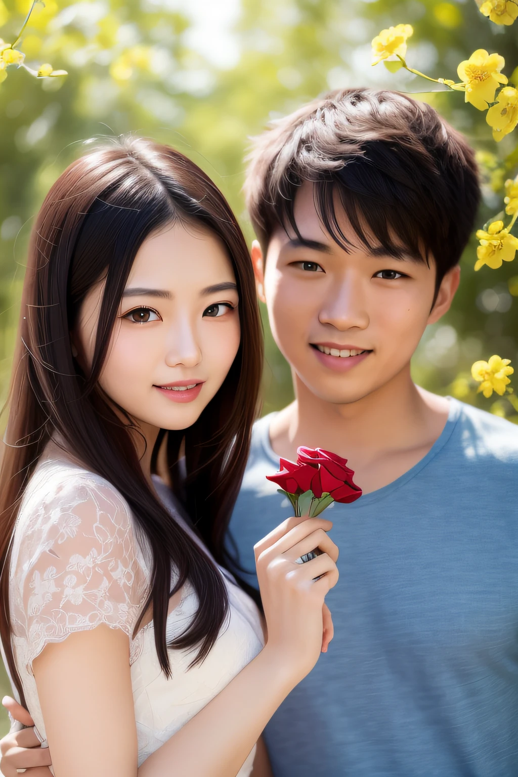 Top quality, 8K, a young and beautiful Chinese couple happy together, short sleeves in summer, in the flowers, boys offering flowers to girls, surreal, photorealism, natural light, premium color matching, super details, 2 people