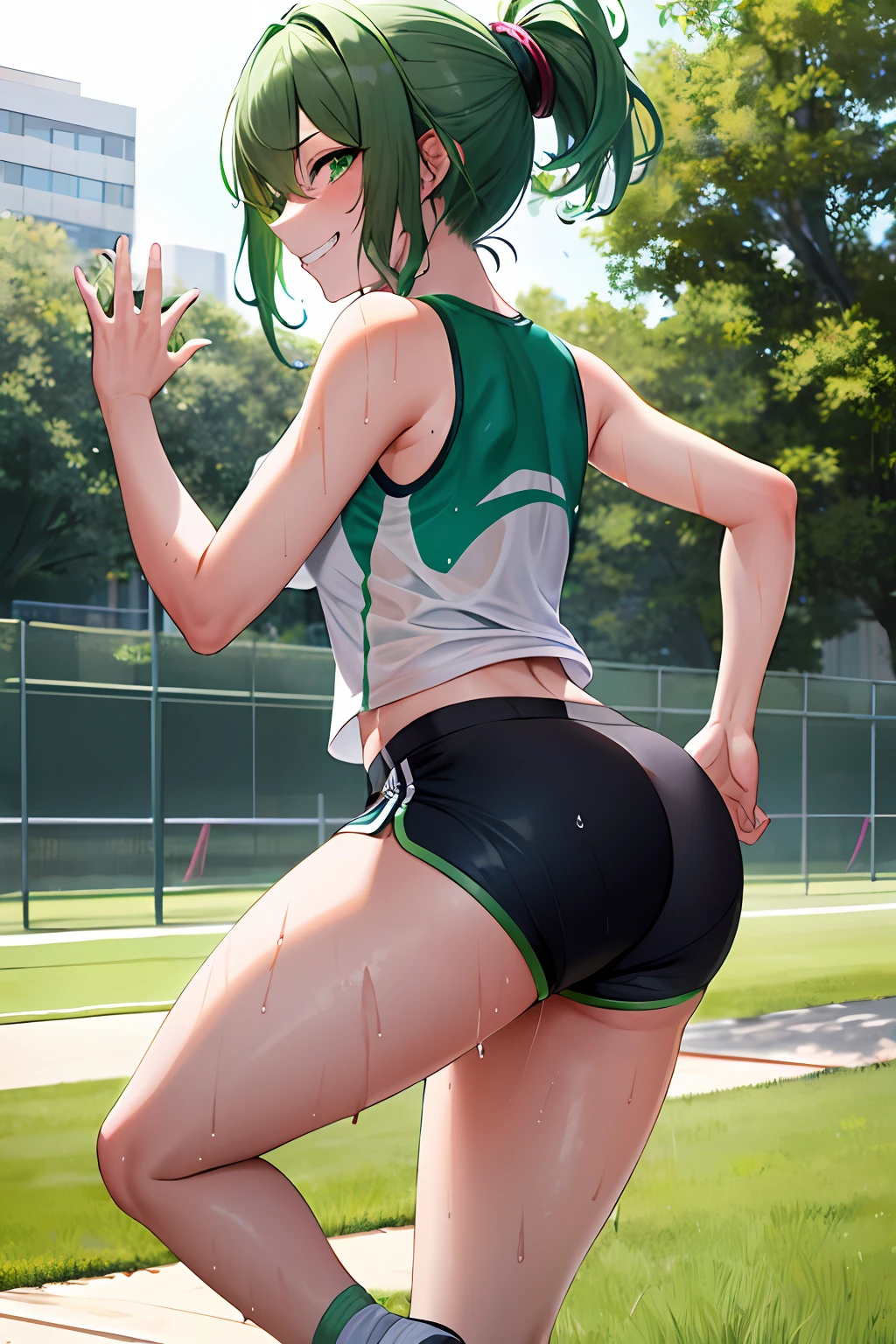 Green hair, folded ponytail, fine eyes, green eyes, masterpiece, sweat, wet skin, top quality, hi-res, solo, wicked grin, ass facing you, running action and elegance, white sports short shorts, drenched pants, white running shirt, wet shirt, sleeveless, braless, big, park, outdoor