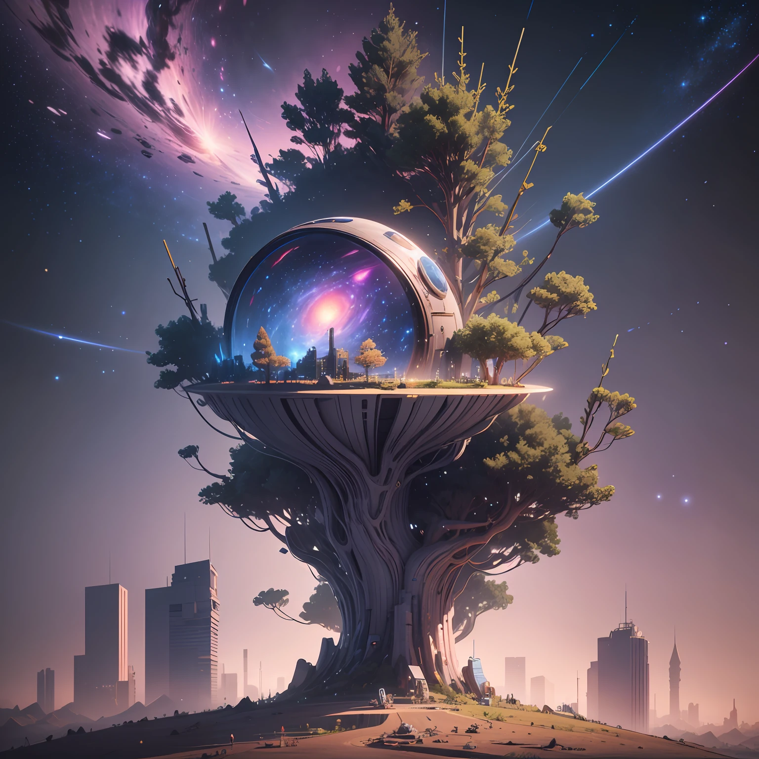 a cyberpunk galaxy with a cosmic tree of metal, in the style of piles/stacks, infinity nets, planet in space octane rendering, cinematic lighting, future glitch abstract universe 4k