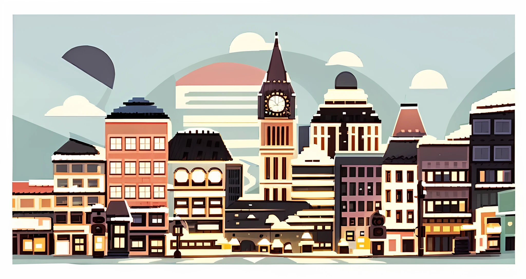 a cartoon city with buildings and a clock tower, highly detailed vector art, busy city street, holy city | illustration, flat illustration, detailed vectorart, stylised illustration, in style of james gilleard, highly detailed illustration, commercial illustration, city streetscape, busy city, inspired by James Gilleard, townscape, detailed city, by IAN SPRIGGS, quirky shops