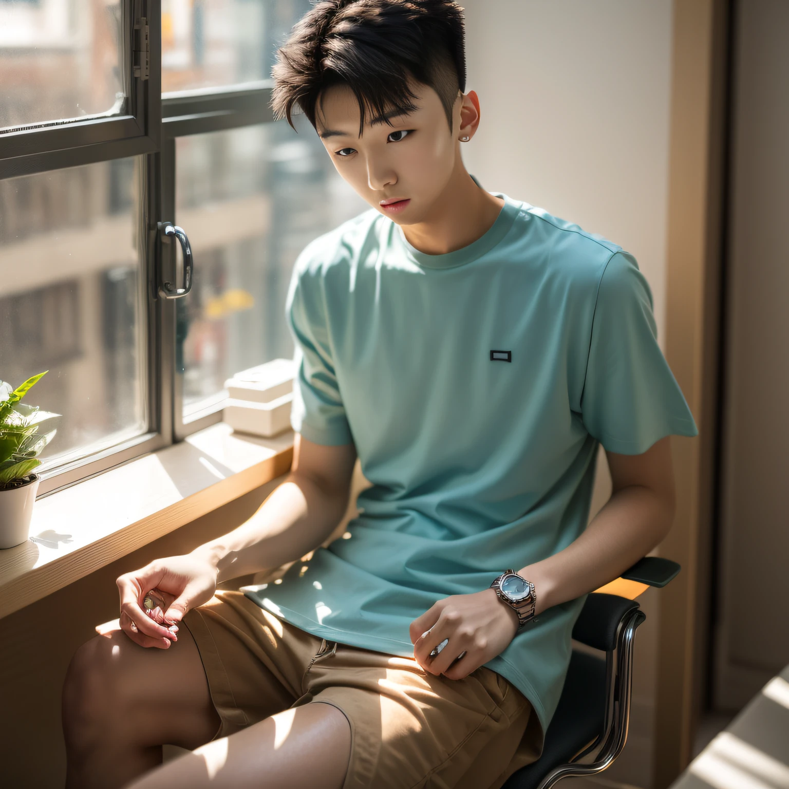 A boy in short sleeves in aqua green stood in the office, sunny and sunny