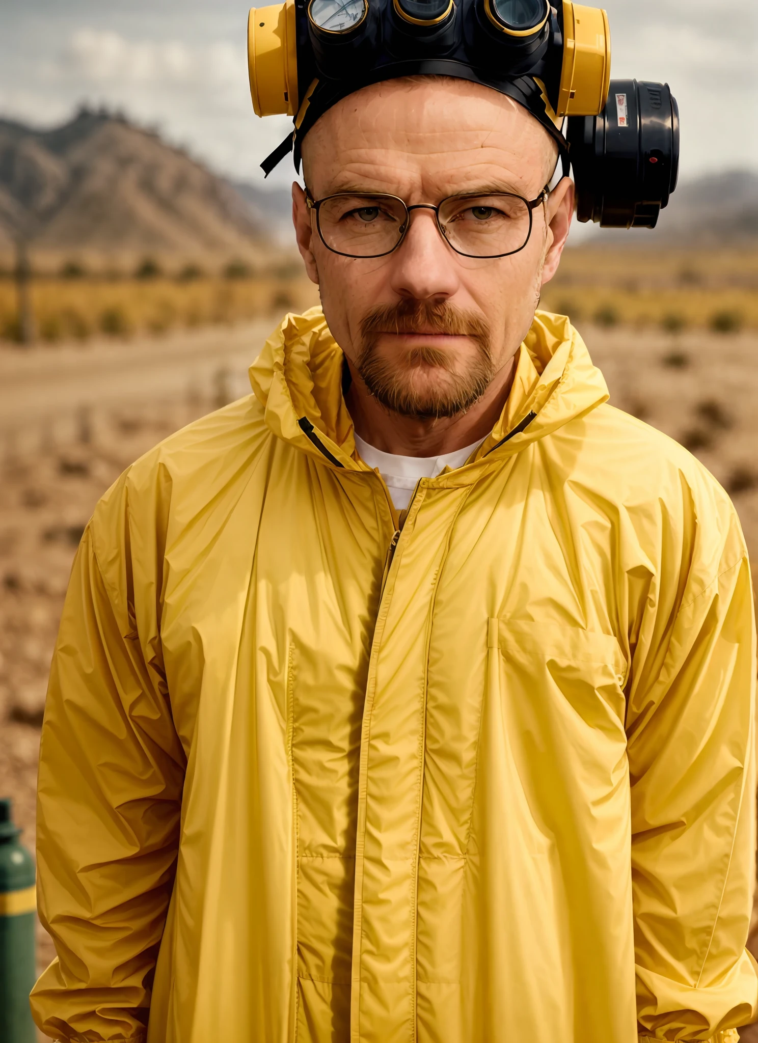 A stunning intricate full colour upper body photo of man wearing glasses, (wearing a yellow lab coat and a gas mask on the head), bald,
epic character composition,
by ilya kuvshinov, alessio albi, nina masic,
sharp focus, natural lighting, subsurface scattering, f2, 35mm, film grain