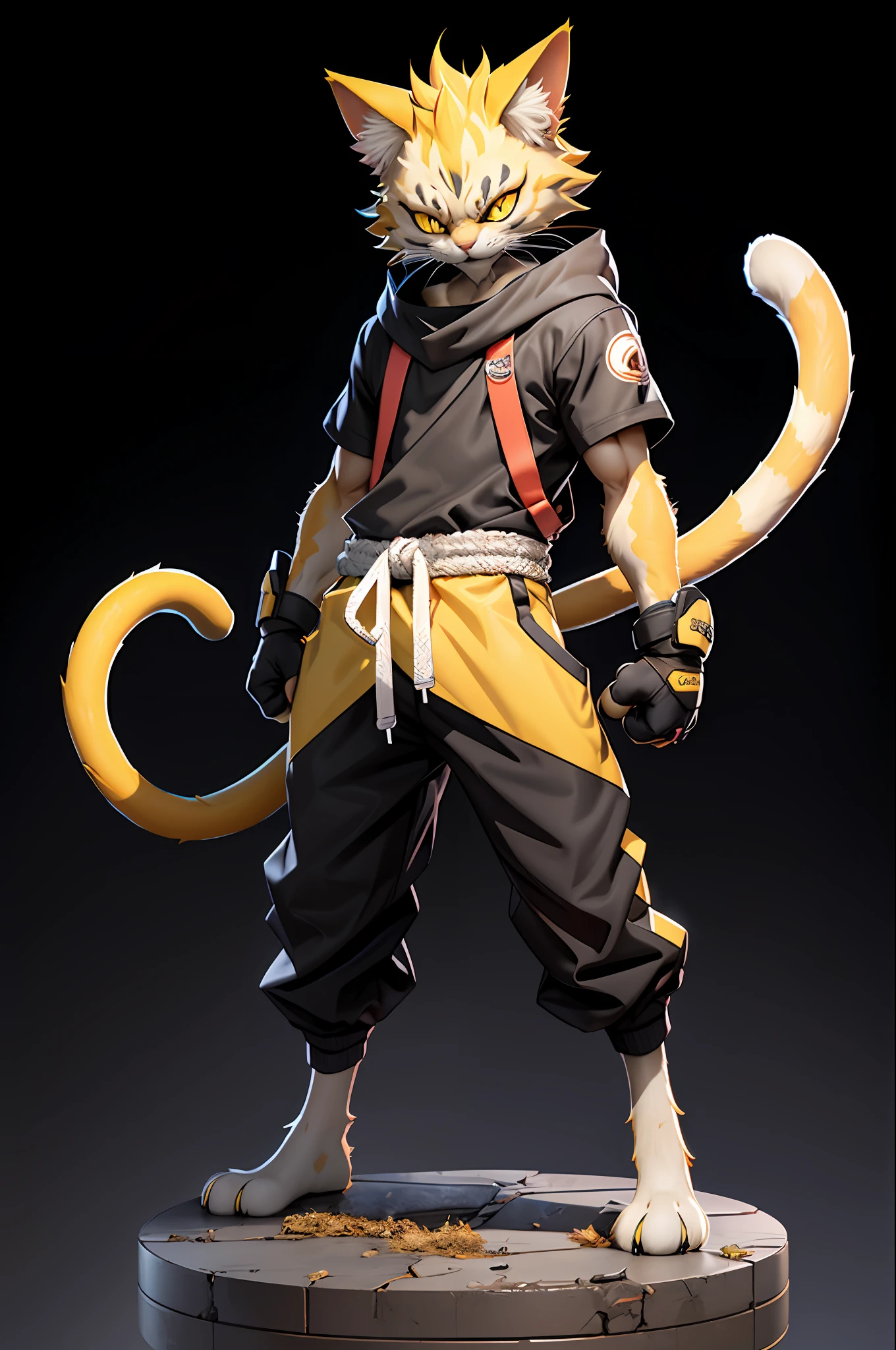 better quality,
 tail, solo, cat ears, yellow hair, yellow eyes, 2 cat tail, 1boy, gloves, animal ear fluff, standing, full body, looking at viewer, black background,
rackanimal, balck bottom,