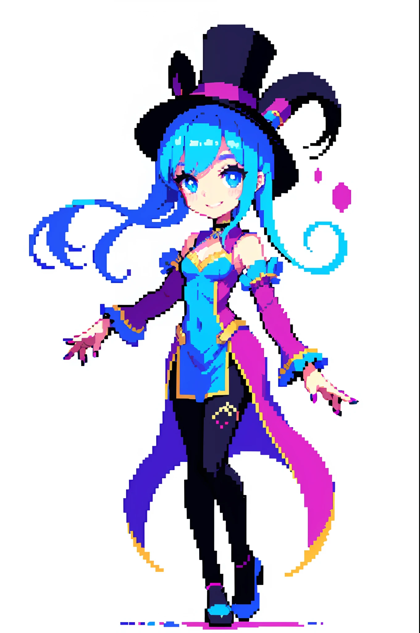 (masterpiece, top quality, best quality), pixel,pixel art,1girl,full body, illustration, hair color pink and blue, bangs, hairstyle, long hair, pink and blue eyes, magician costume, tights, small top hat, smile, anime girl, wink, painted nails, cute (simple background, white background: 1.3)
