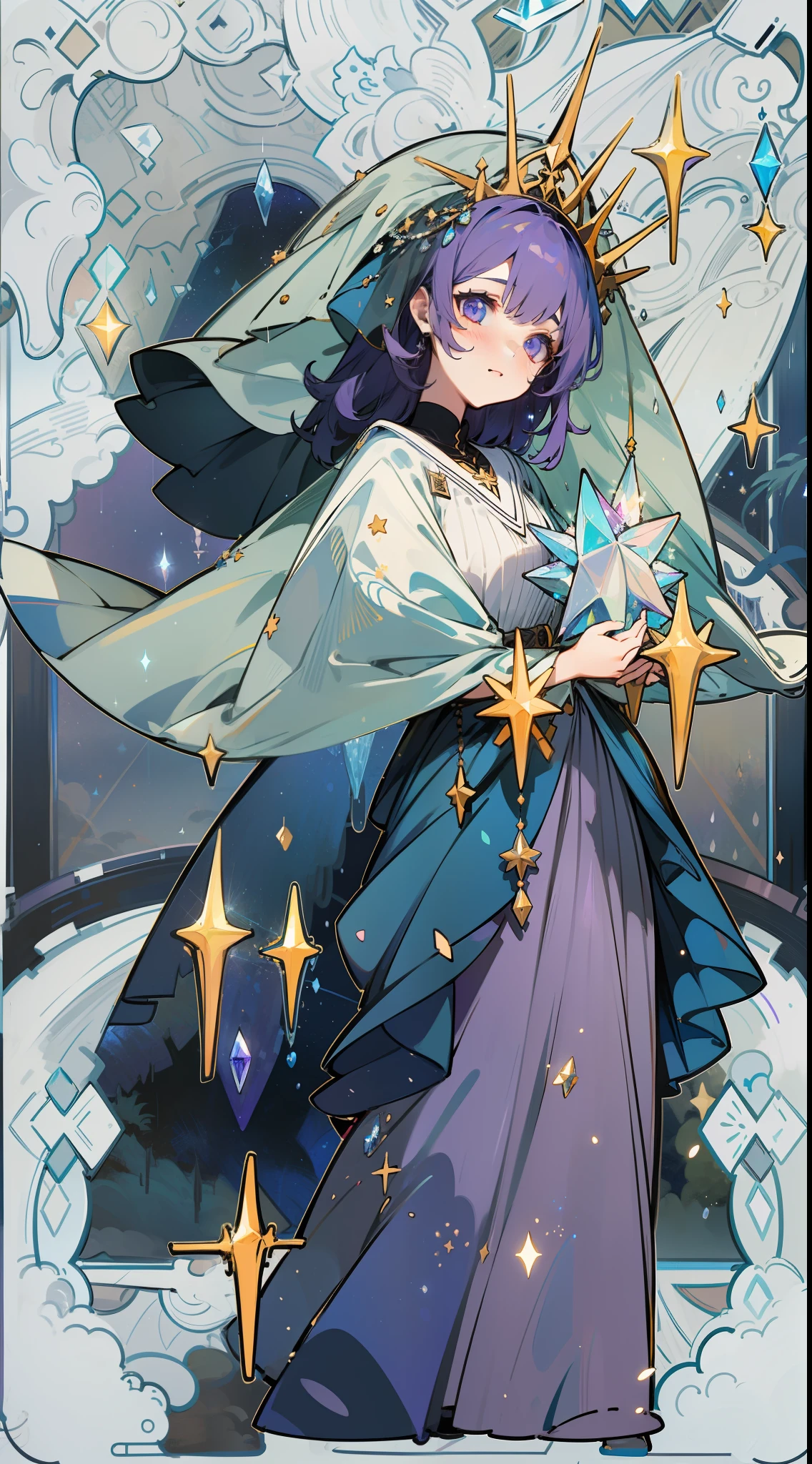 (masterpiece, top quality), one girl, wearing a purple veil, full body, starry sky and crystal on background, rain