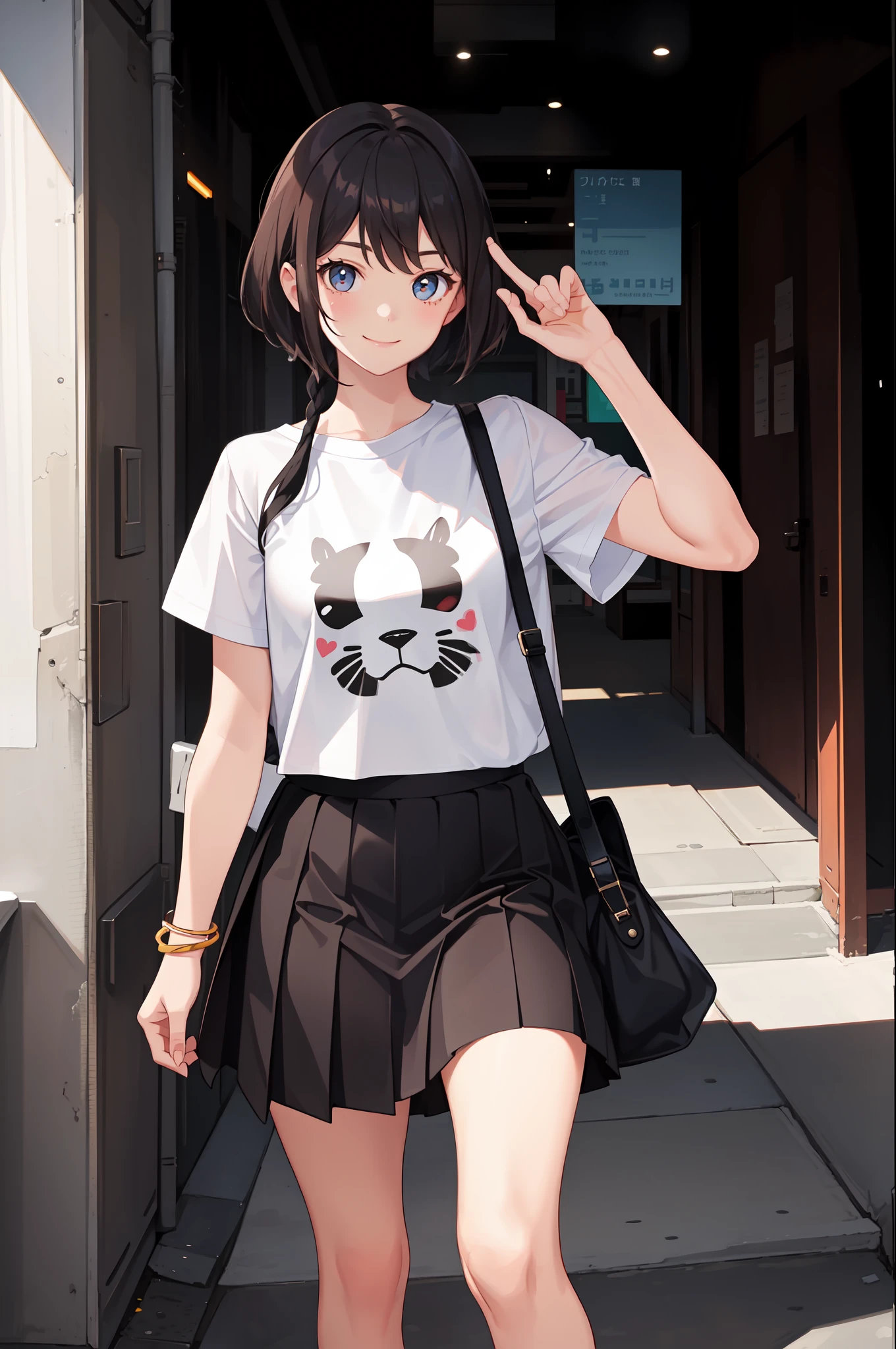 1 girl, smile, shirt, skirt, (small) chiralism,