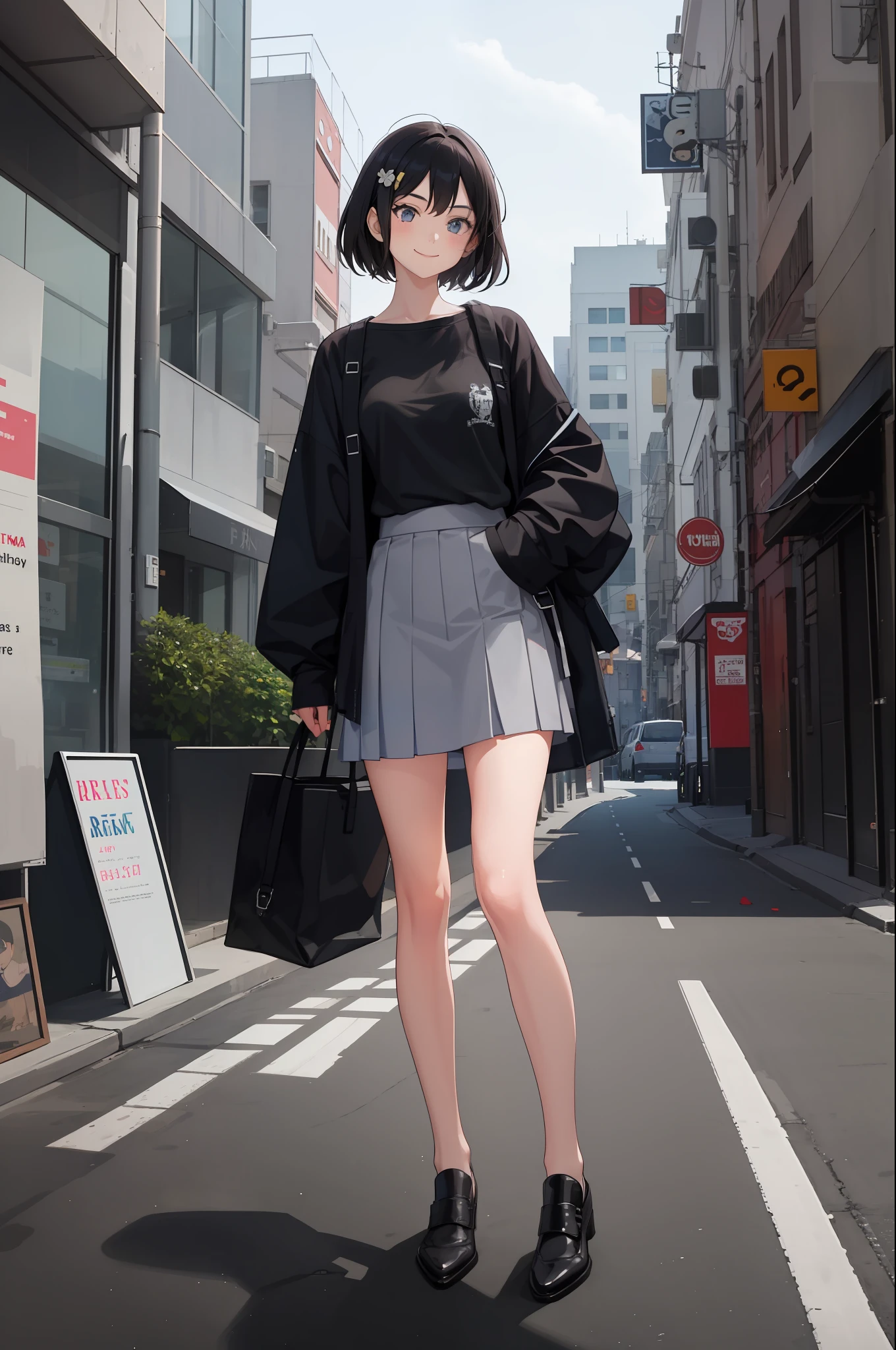 1 girl, smile, shirt, skirt, (small) chiralism,