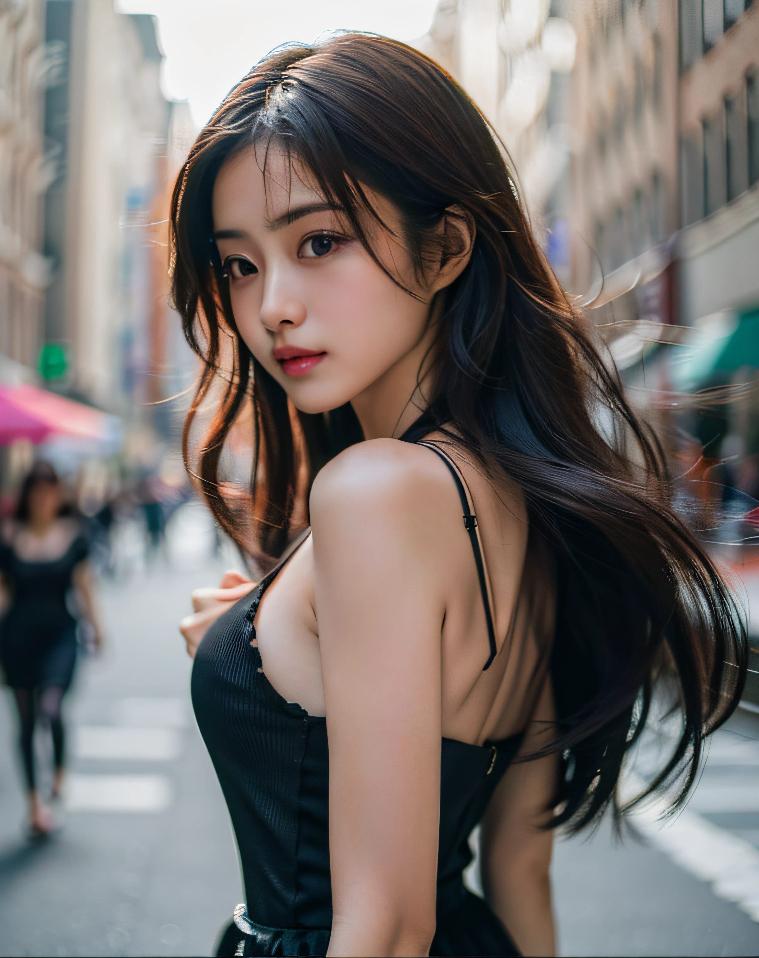 Woman posing seductive on street corner, top quality, high resolution, 8k, girl alone, outdoor, (street: 0.8), (people, crowd: 1), sleeveless dress, black dress: 1.5), gorgeous, (medium hair), (dynamic pose: 0.8), (upper body: 1.2), soft lighting, wind, glossy skin, gaze,