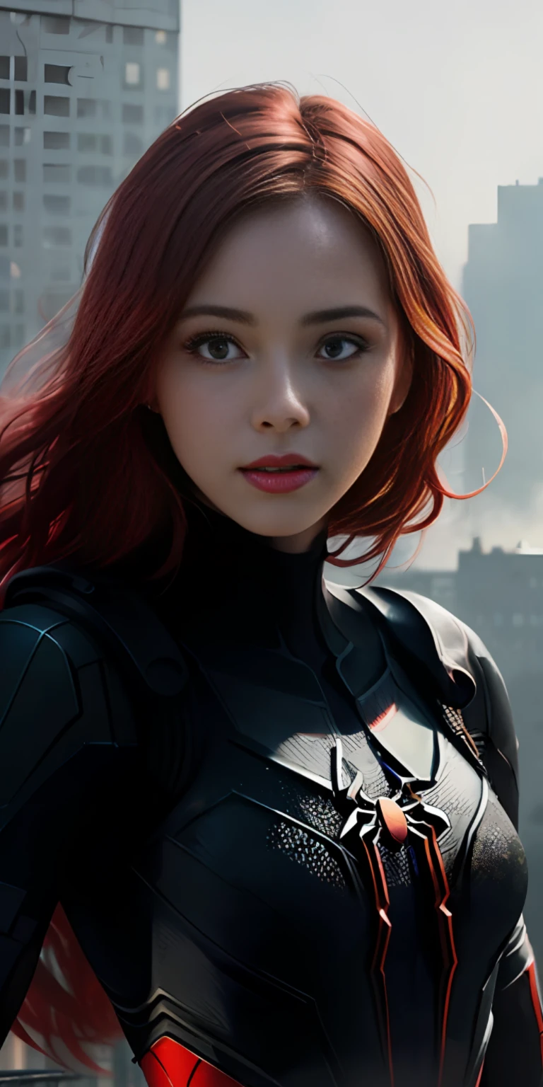 (1girl:1.3), solo, ((very detailed face))), ((very detailed eyes and face)))), beautiful detail eyes, body parts__, official art, unified 8k wallpaper, super detailed, beautiful and beautiful, beautiful, masterpiece, best quality, original, masterpiece, super fine photo, best quality, super high resolution, realistic realism, sunlight, full body portrait, amazing beauty, long red hair, dynamic pose, delicate face, vibrant eyes, (from the front), she is wearing a Spider-Man suit, red and black color scheme, spider, very detailed city roof background, rooftop, overlooking the city, detailed face, detailed complex busy background, messy, gorgeous, milky white, highly detailed skin, realistic skin details, visible pores, clear focus, volumetric fog, 8k uhd, DSLR, high quality, film grain, fair skin, photo realism, lomography, futuristic dystopian giant metropolis, translucent