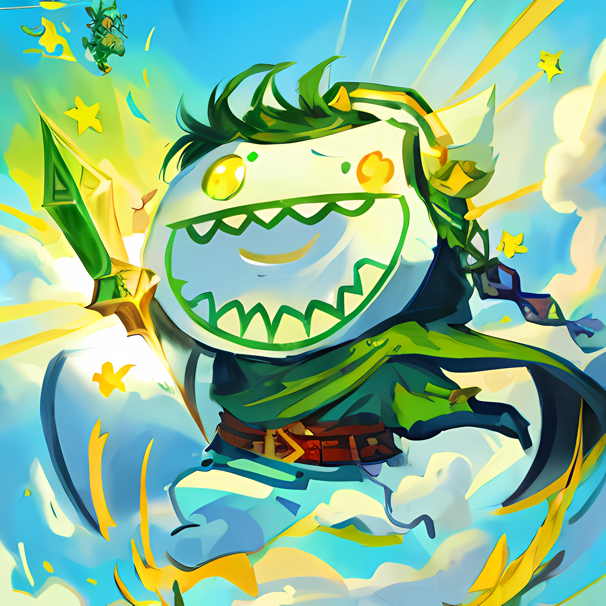 Cartoon characters flying in the sky with sword and green cloak, heroes 2.5D fan art art, sword of the wind, mobile game art, zelda style art, league of legends style art, game art!,league of legends art style, game art, dofus, in Hearthstone art style, epic fantasy card game art, dnd fantasy art, full art illustration
