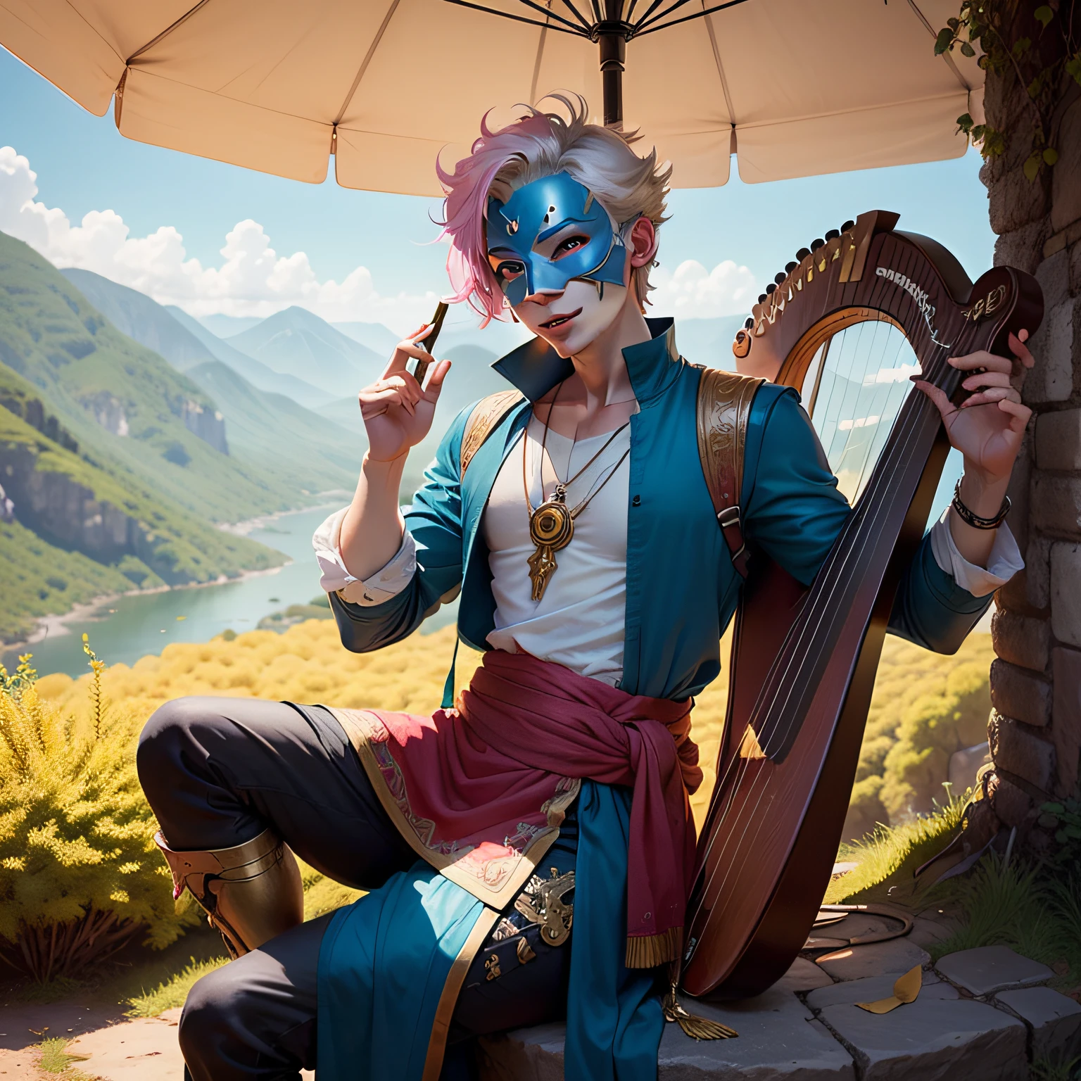 A bard, androgynous-looking, blue-skinned, half-genius, mystical-looking, with the masks of tragedy and comedy hanging from his waist, holding a Harp Lyre, sitting under the shade of a tree, with pink leaves, on top of a mountain., light smile, drunk, anime, high quality, award winning --auto