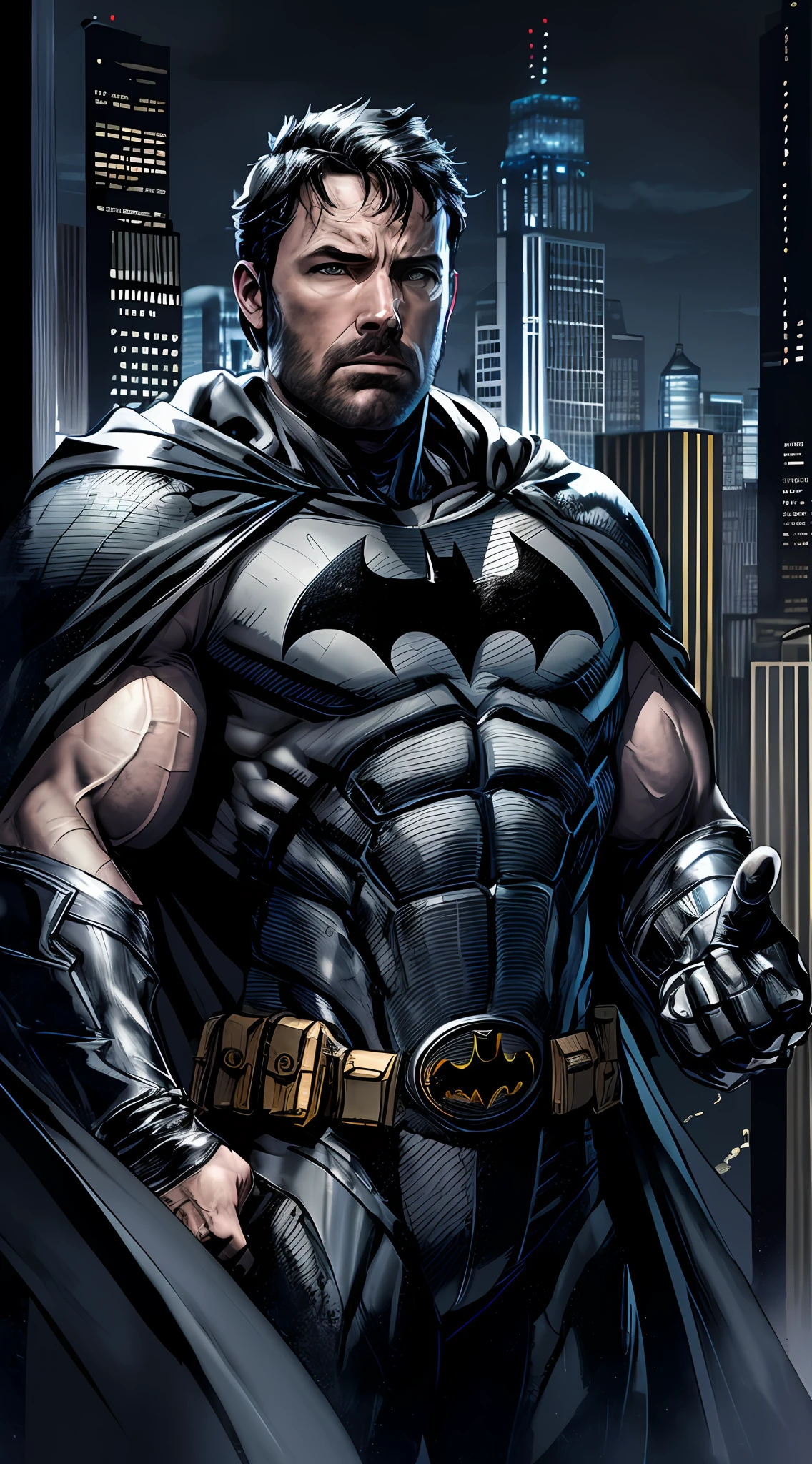 1 man, solo, Ben Affleck as Batman, tall, hunk, muscular, bulk, wide shoulder, photorealism, dark dirty grey suit, black gloves, best quality, masterpiece, high resolution:1.2, black cape, high detailed mask, high detailed suit, high detailed face, award winning, night time, dark sky, skycrapers in the background, realistic
