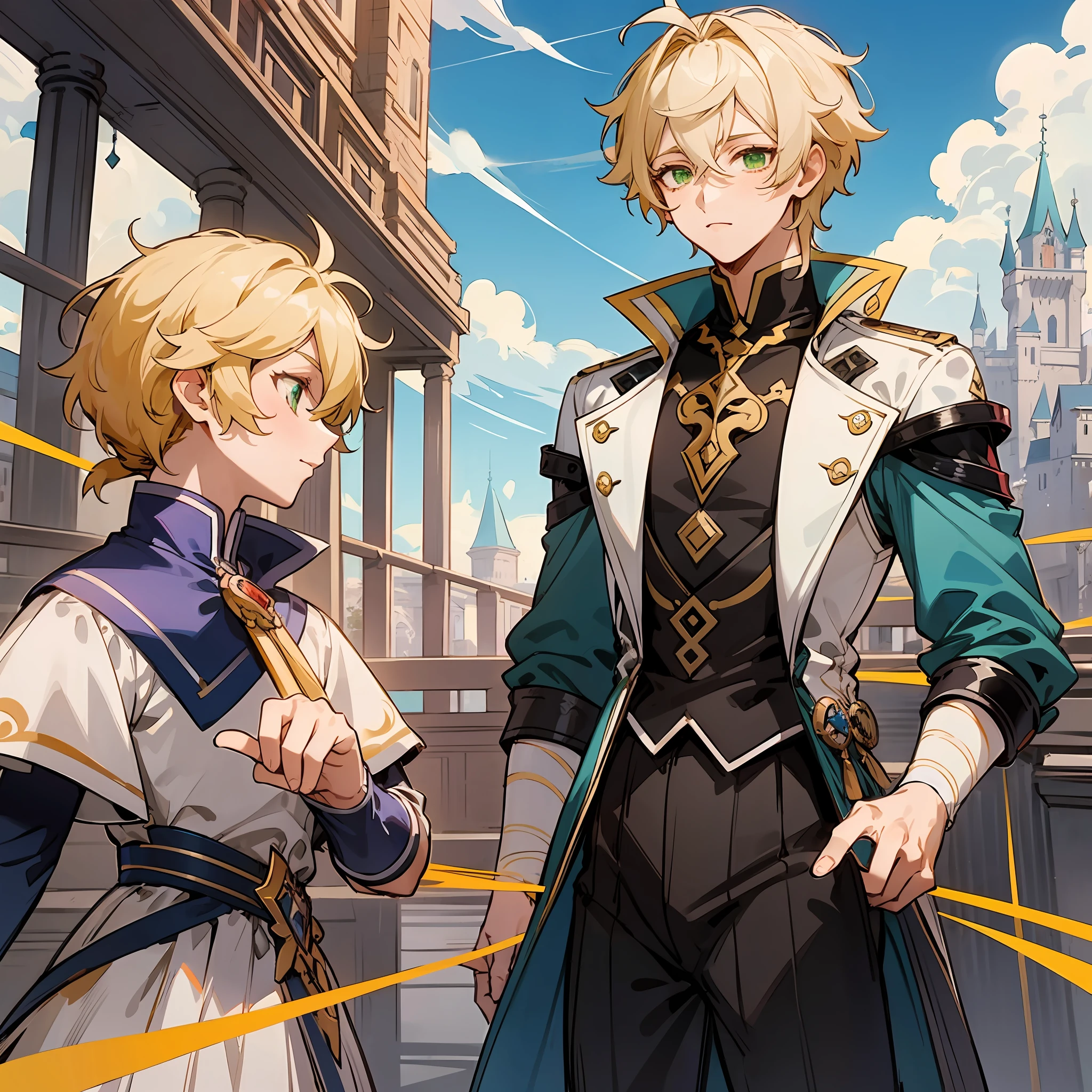 A boy, a prince, blond hair, blue lock, green eyes, thin, royal dress, with a sword, hair with a low ponytail, in front of a castle, anime style, 2d, genshin impact style, anemo, high quality, manga--Counterfeit-V3.0