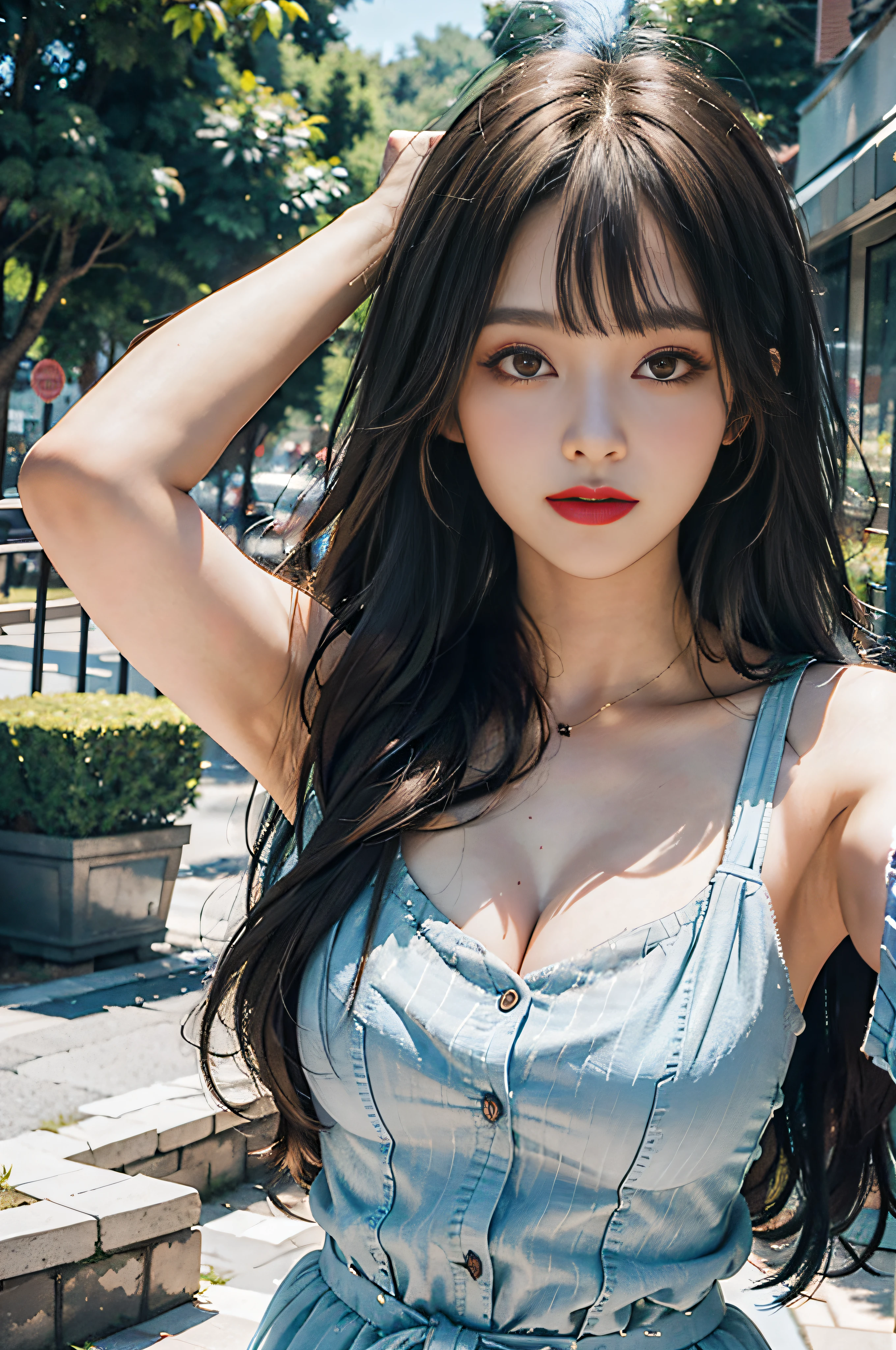 A Masterpiece,Bestquality,1 girl girl,long_hair,Light smile,blunt bangs,looks at the viewer,fulllllbody,selfie,(realisti:1 girl Girl.5 girls), film photography,