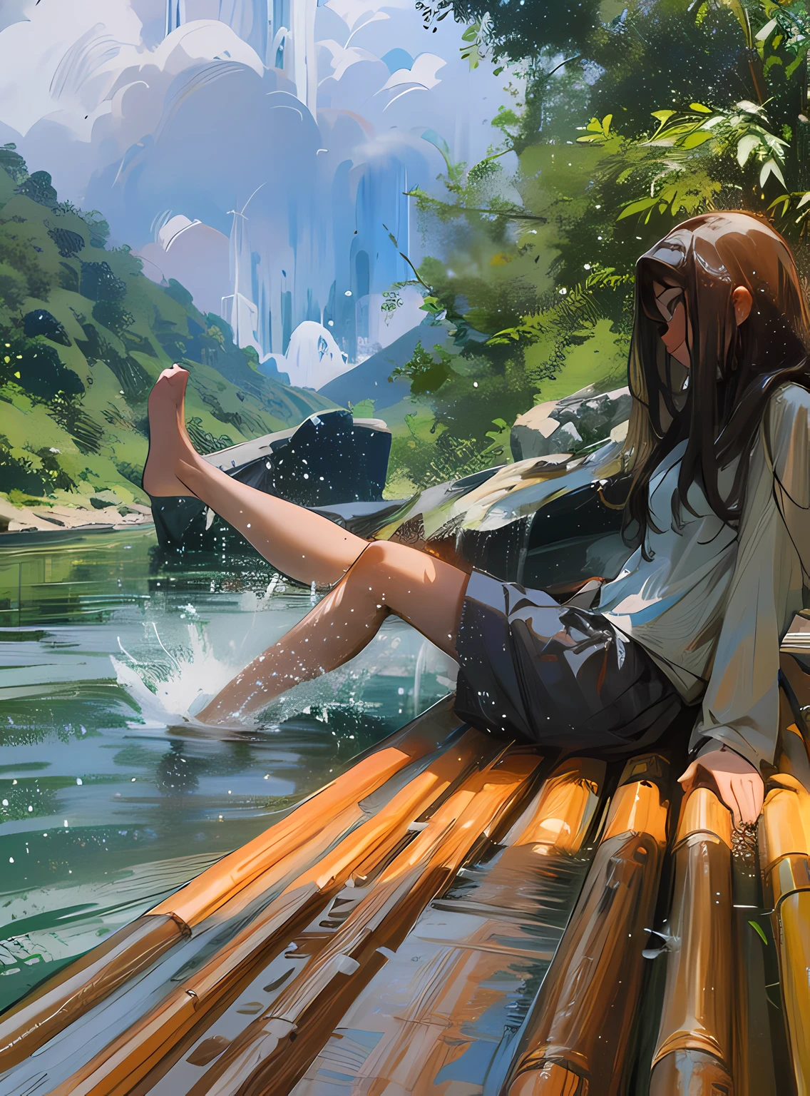 Masterpiece, high quality, HD, perfect face, side face, smile, Arapei sitting on a raft in the middle of the river, sitting on a small bamboo boat next to a waterfall, playing in a waterfall, on a floating rocky island, the jungle of Vietnam is beautiful, in the river in the jungle, calmly drinking the river water, sitting on a log, bathing in the waterfall