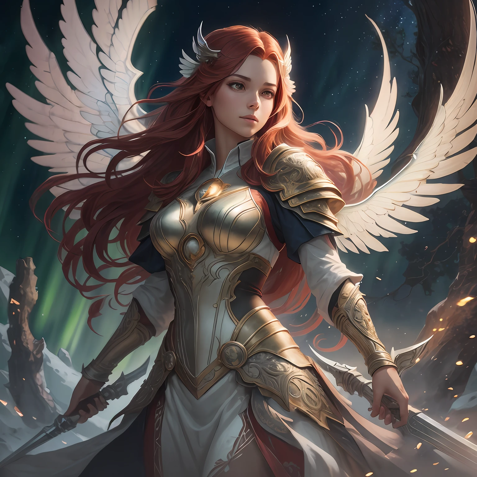 (atmosphere with light and a tree behind)+ 8k aurora portrait, girl with super long hair, super long very light red hair, in battle clothes, with giant silver wings on the back, intricate, highly detailed, digital painting, smooth, sharp focus, illustration, unreal engine 5, 8 k, art by Artgerm and Greg Rutkowski and Alphonse Mucha