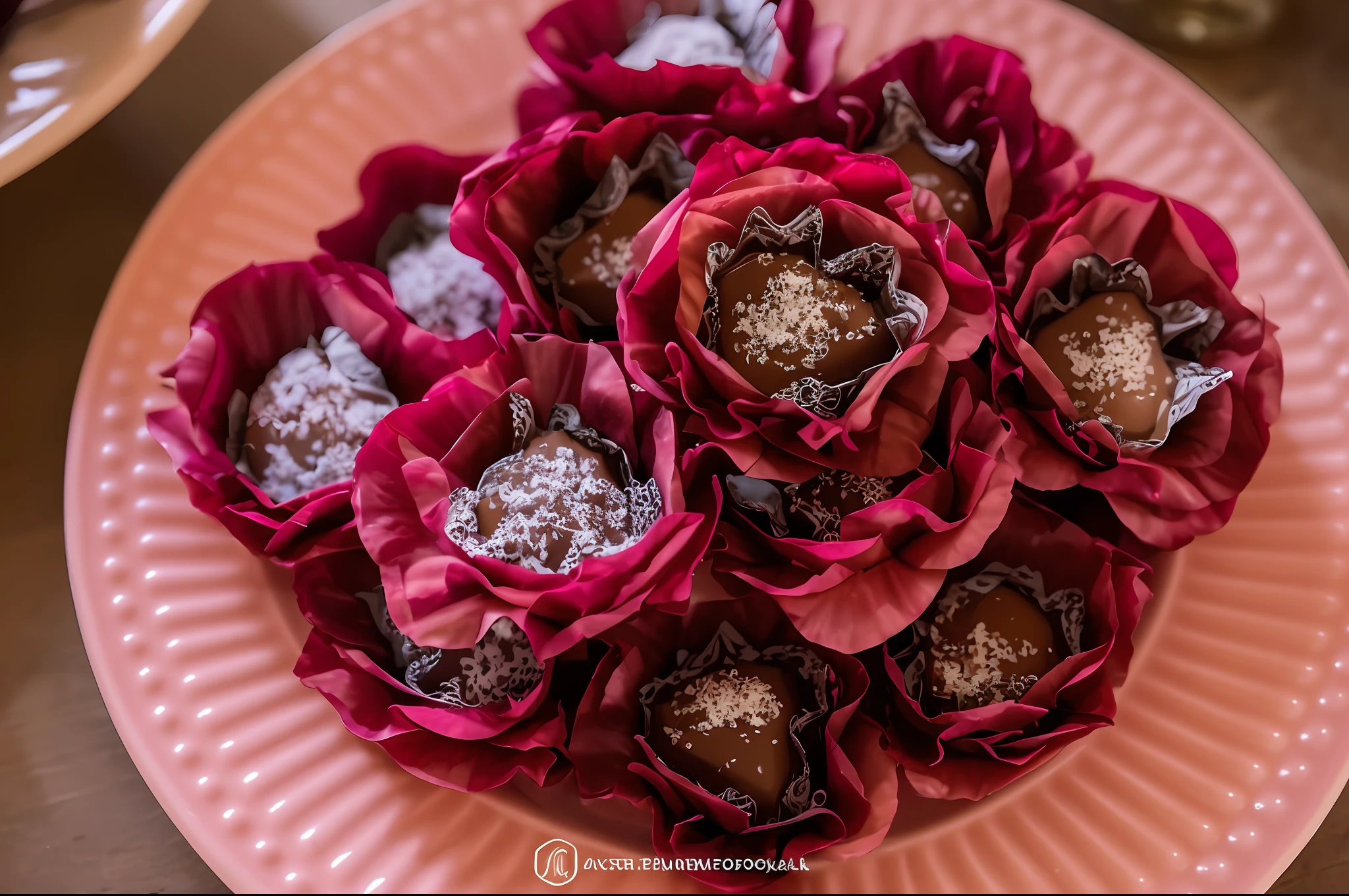 There is a plate of chocolates on a green plate, food photography, high quality food photography, close up food photography, culinary art photography, stylized food photography, professional food photography, decadent, gourmet food photography, topped with pink marzipan, yummy, sweets, incredibly beautiful, brown flowers, event photography, large opaque flowers,  filmed on Sony A 7 III