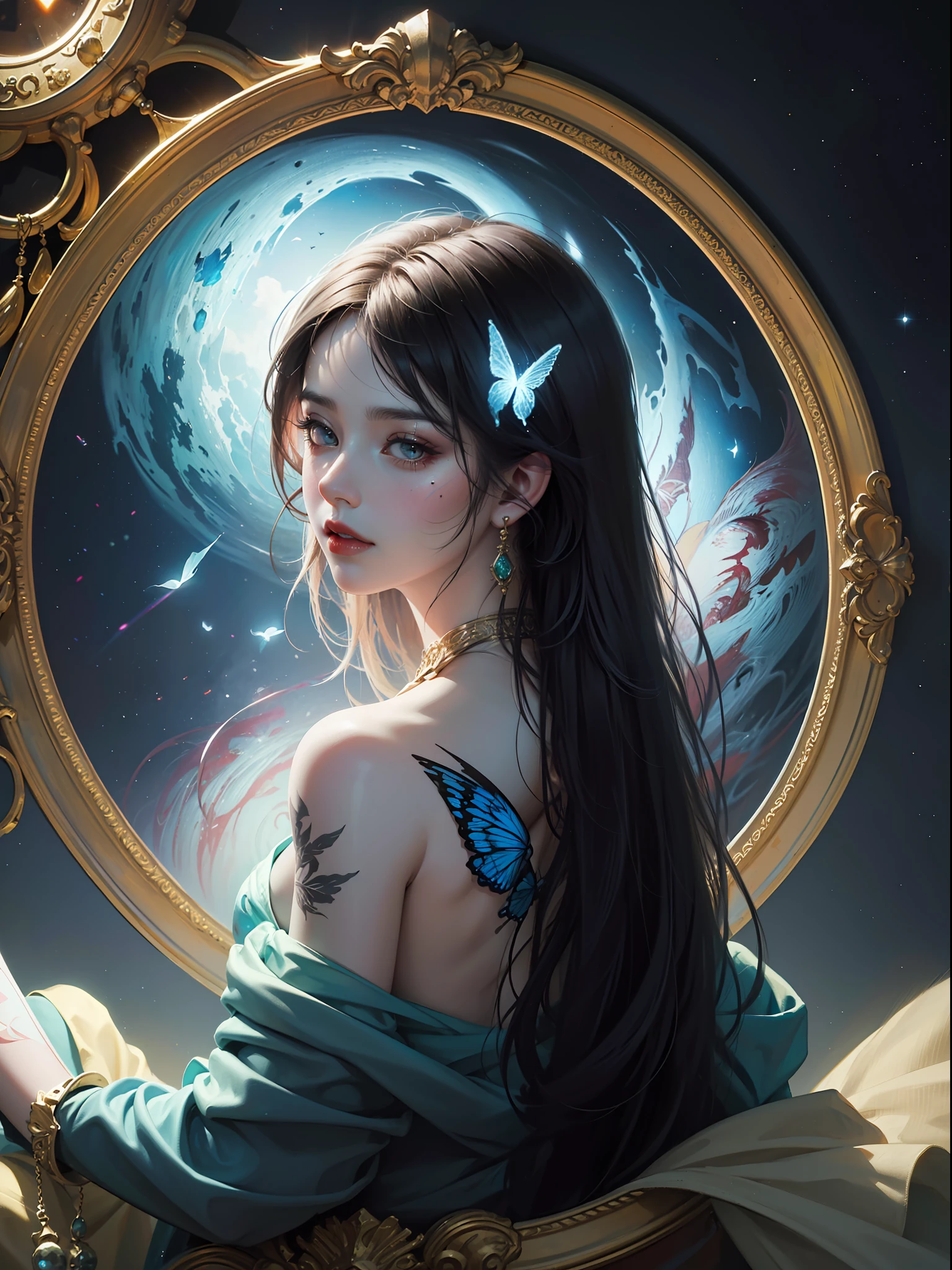 ((Best Quality, 8k, Masterpiece: 1.3)) Beautiful Woman: 1.3, Beautiful Face, Crawling Saturated Colors, Psychedelic Images, LSD, Mandala, Fractals, Clothing, Tattoos, Painted Body, Body Tilted Forward, Similar to Alex Gray's Art, Lots of Color Saturation, Swirls, Surreal, Planet Earth, Galaxies, Lots of Lighting, Shadows and Contrast, Role Play, Realistic Eyes, Green Iris, 3D Depth, Realistic Skin Texture, Detailed Sharp Scales, Colorful, fantasy art, artgerm ruan jia and greg rutkowski surrealist wet lacquer gold butterfly filigree art, broken glass