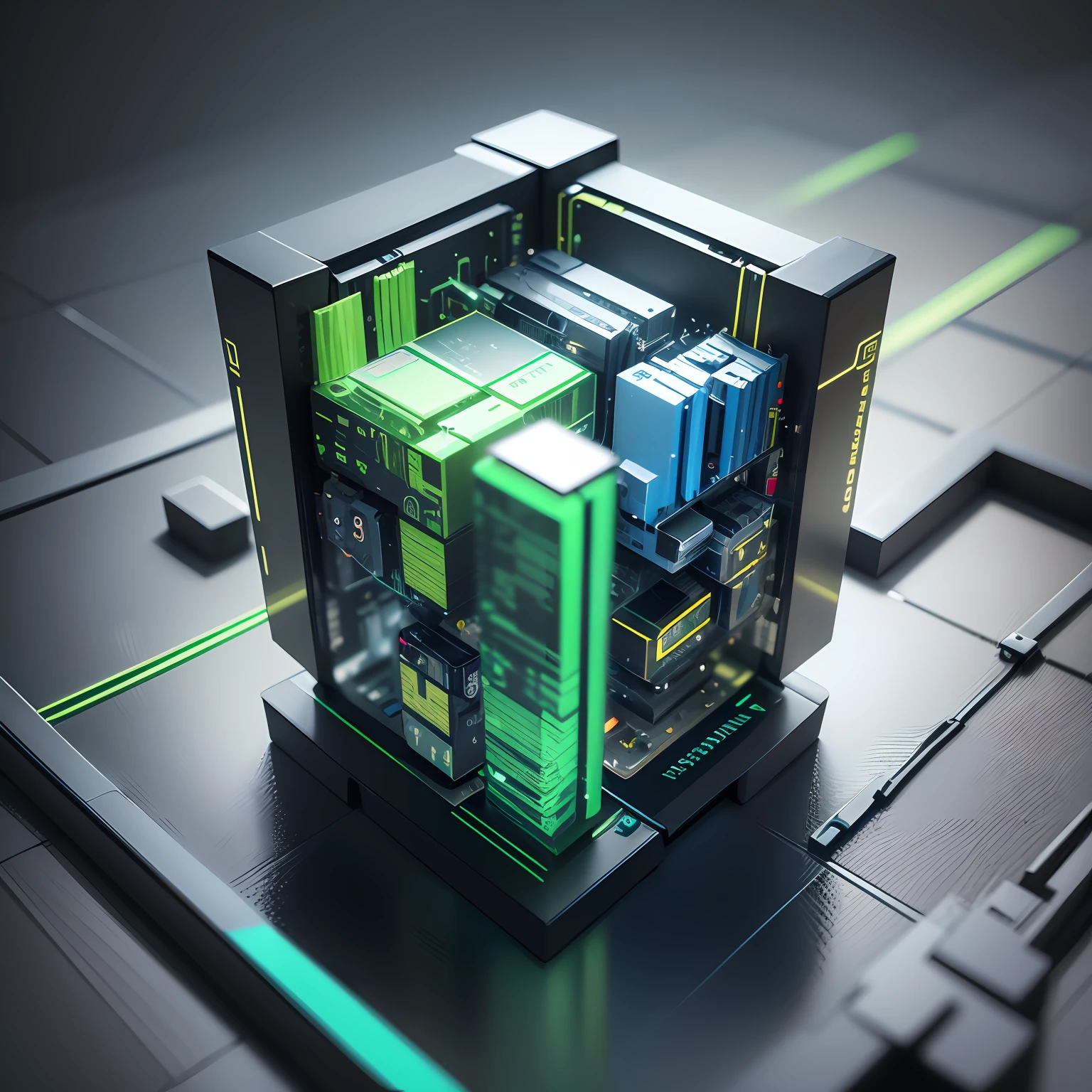 macro nanotech cyber minimalism abstract art piece, digital rendering, blender rendering, made of technology and fused glass, cove lighting 4k