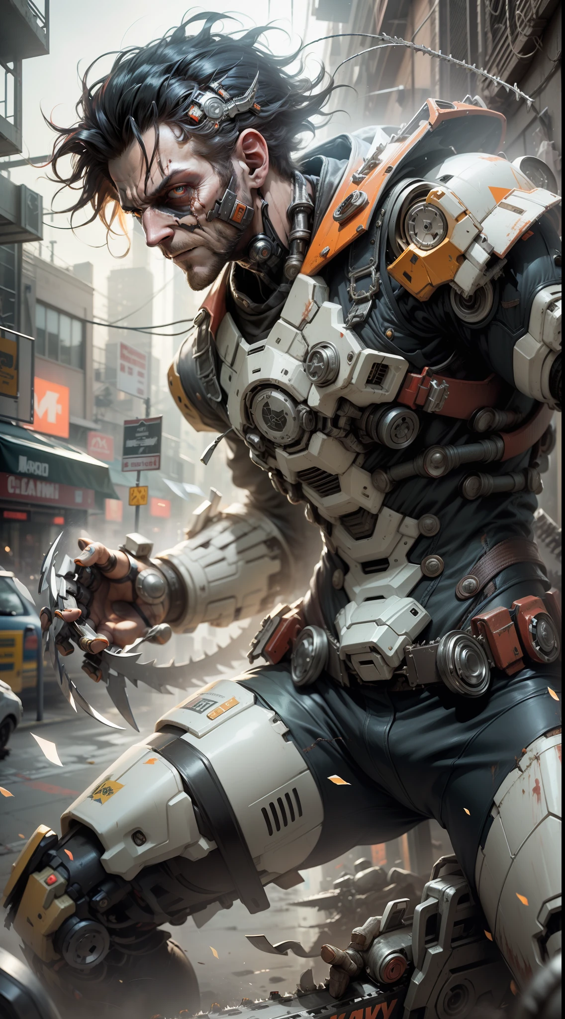 Dark_Fantasy,Cyberpunk,(chainsaw,chainsaw man,Red: 1.1),1man (wolverine's face),Mechanical wonder,Robotic presence,Cybernetic guardian, wearing a worn mechanical suit, intricate, (steel metal [rusty]), elegant, clear focus, shot by greg rutkowski, soft lighting, vibrant colors, masterpiece, ((street)), cowboy shot, dynamic pose,