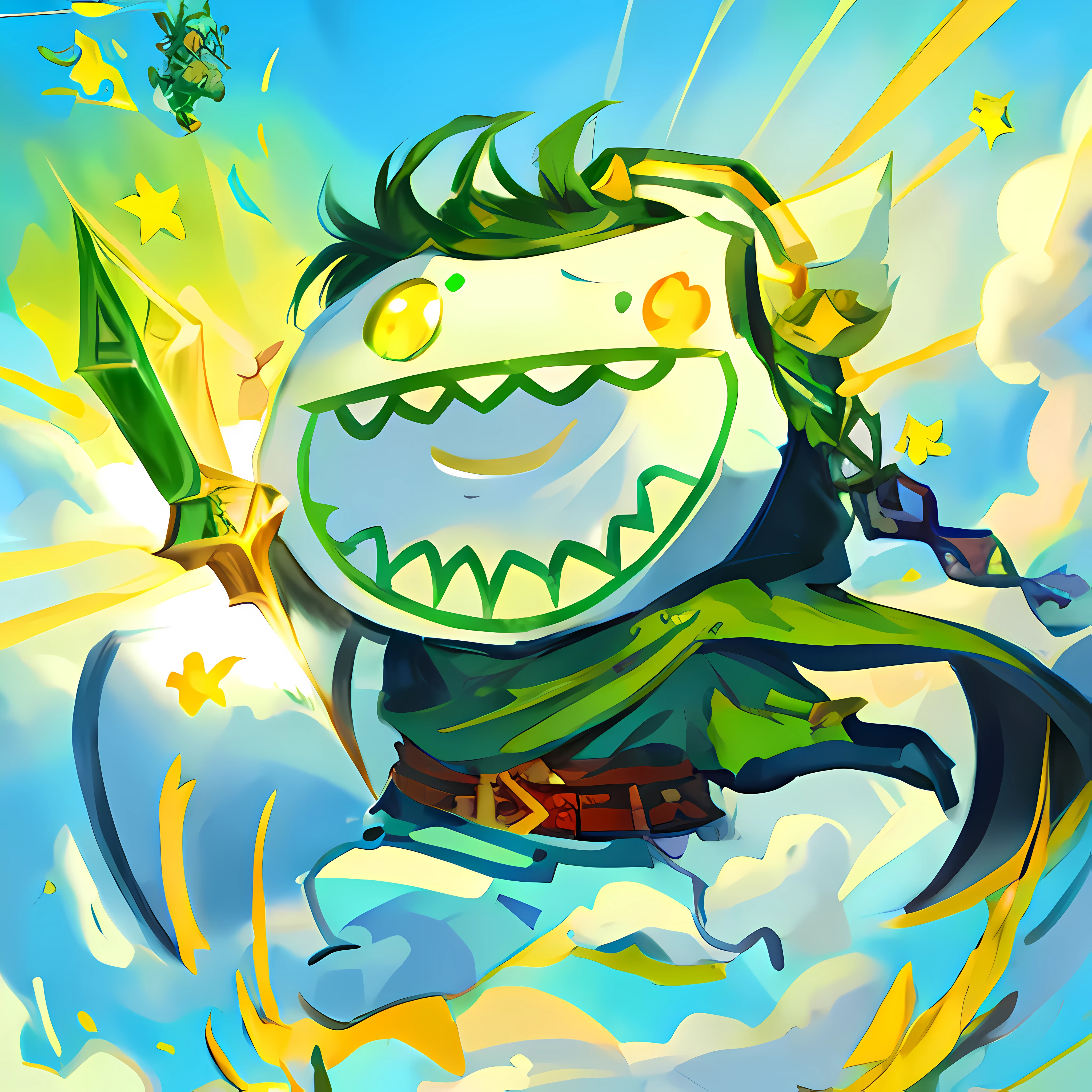 Cartoon characters flying in the sky with sword and green cloak, heroes 2.5D fan art art, sword of the wind, mobile game art, zelda style art, league of legends style art, game art!,league of legends art style, game art, dofus, in Hearthstone art style, epic fantasy card game art, dnd fantasy art, full art illustration