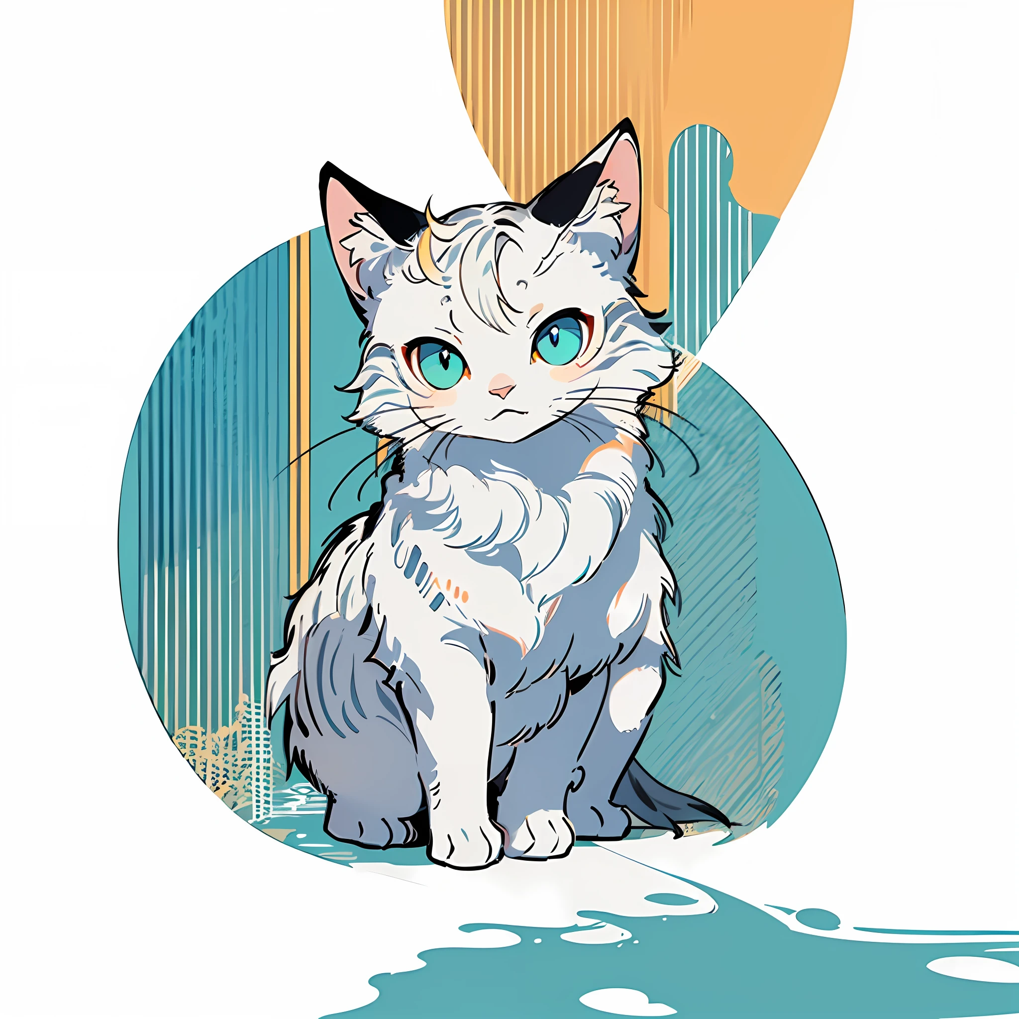 high resolution, 2D line art logo, white mackerel cat, white tabby cat, pale blue background, minimalistic and simple logo, smooth vector illustration, monochrome,