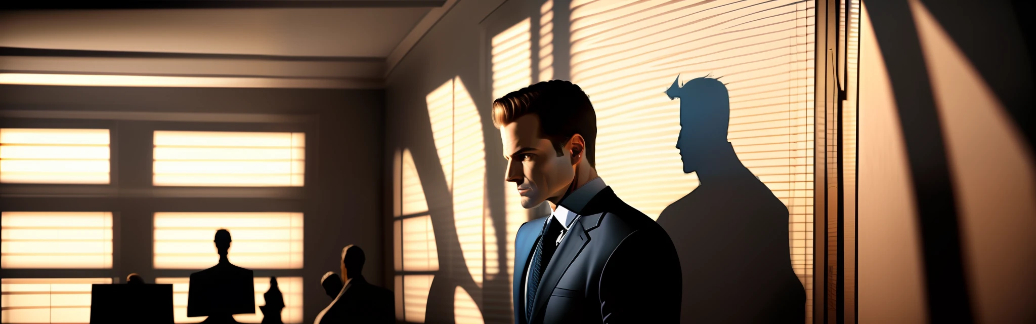 Recreate a scene of hARVEY SPECTER MAKING TOUGH DECISIONS IN THE SUITS, realistic shadows, ultra-detailed, 4k