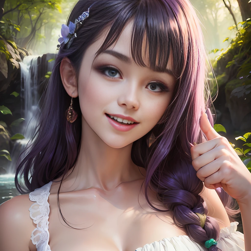 (best quality), (masterpiece:1.2), (realistic), (film grain:0.8), (Valencia Warmth:0.6), chromatic aberration, masterpiece, best quality, perfect anatomy, 20 years old cute girl), 1girl, masterpiece portrait, (beaming smile:1.55), (kpop idol, korean mixed:1.18), (Forest glade with a waterfall), (Proud face), (Thumbs up), (1950s wedding dress), (Fringe skirt), (eggplant_purple hair), (full shot), (medium close up), (scoff face), (open mouth), pureerosface_v1:0.58,