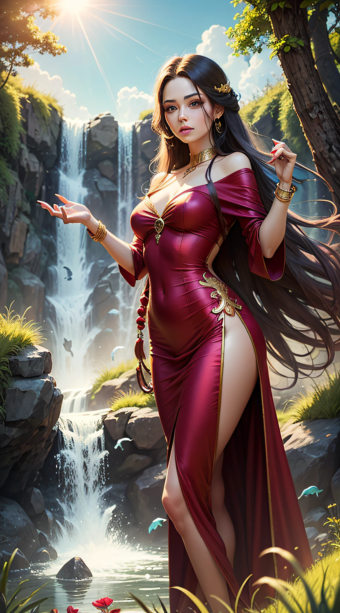 "Red woman with long hair, red silk dress, gold beads, gold ring, gold bracelet, grass, flowers, waterfall, blue sky, sun, birds in the sky" --auto