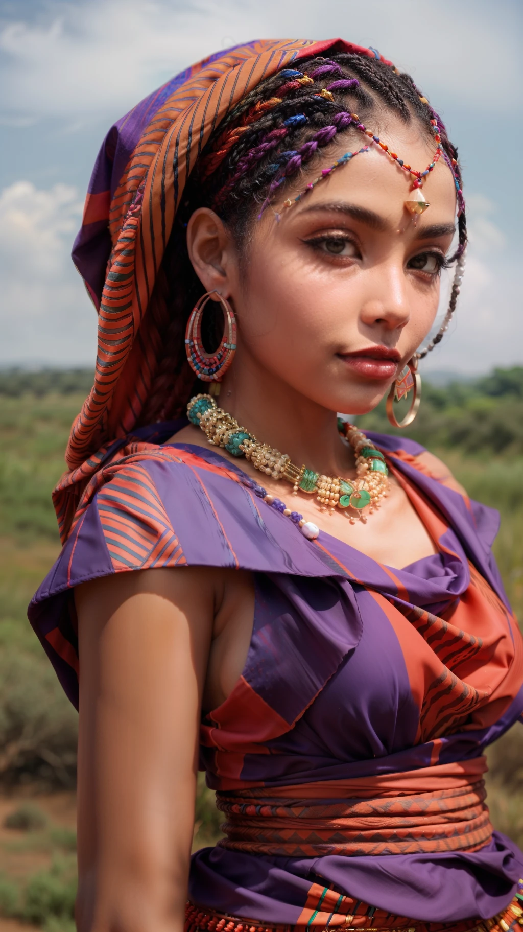 Outfit: A Maasai-inspired red shuka draped elegantly as a dress, showcasing Kenya's indigenous culture.
Props: A handcrafted Maasai beaded necklace and bracelets, symbolizing Kenya's traditional craftsmanship.
Makeup: A natural and earthy look, with a touch of red lip color, representing the country's diverse landscapes.
Hairstyle: Intricate cornrows styled with colorful beads, paying homage to Kenya's diverse ethnic groups.
Expression: A determined and confident expression, reflecting Kenya's spirit of resilience and progress.
Background Design: A sweeping view of the Maasai Mara National Reserve, showcasing Kenya's breathtaking wildlife and natural beauty.