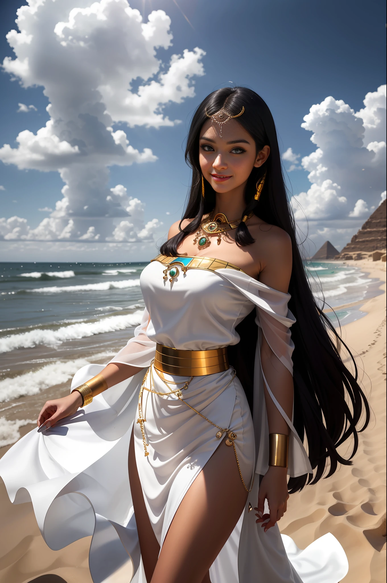 Masterpiece, Superb Girl, 1girl, slim body, long black hair, white skin, solo, blue eyes, white skin woman, breasts, desert, jewelry, Egyptian, big breasts, gold, necklace, bare shoulders, bracelet, wide sleeves, cover, sky, eye of horus, clouds, bare shoulders, blue sky, daytime, hair pipe, standing on the beach, high face, seductive expression, happy expression, smile, mature woman, sheer gauze dress, beautiful long black hair, strong wind