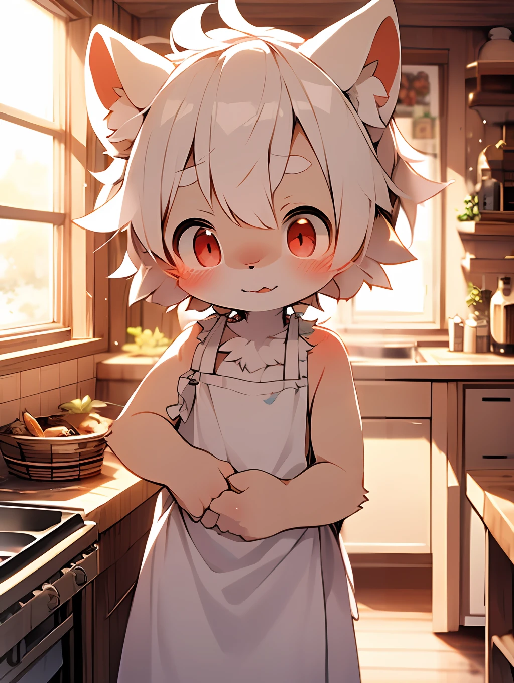 Light blue fur, detailed fur, red eyes, white hair, cute, standing, master masterpiece, high resolution, 8k, detailed background, high quality, boy, (by Dagasi: 1.1), solo, naked apron