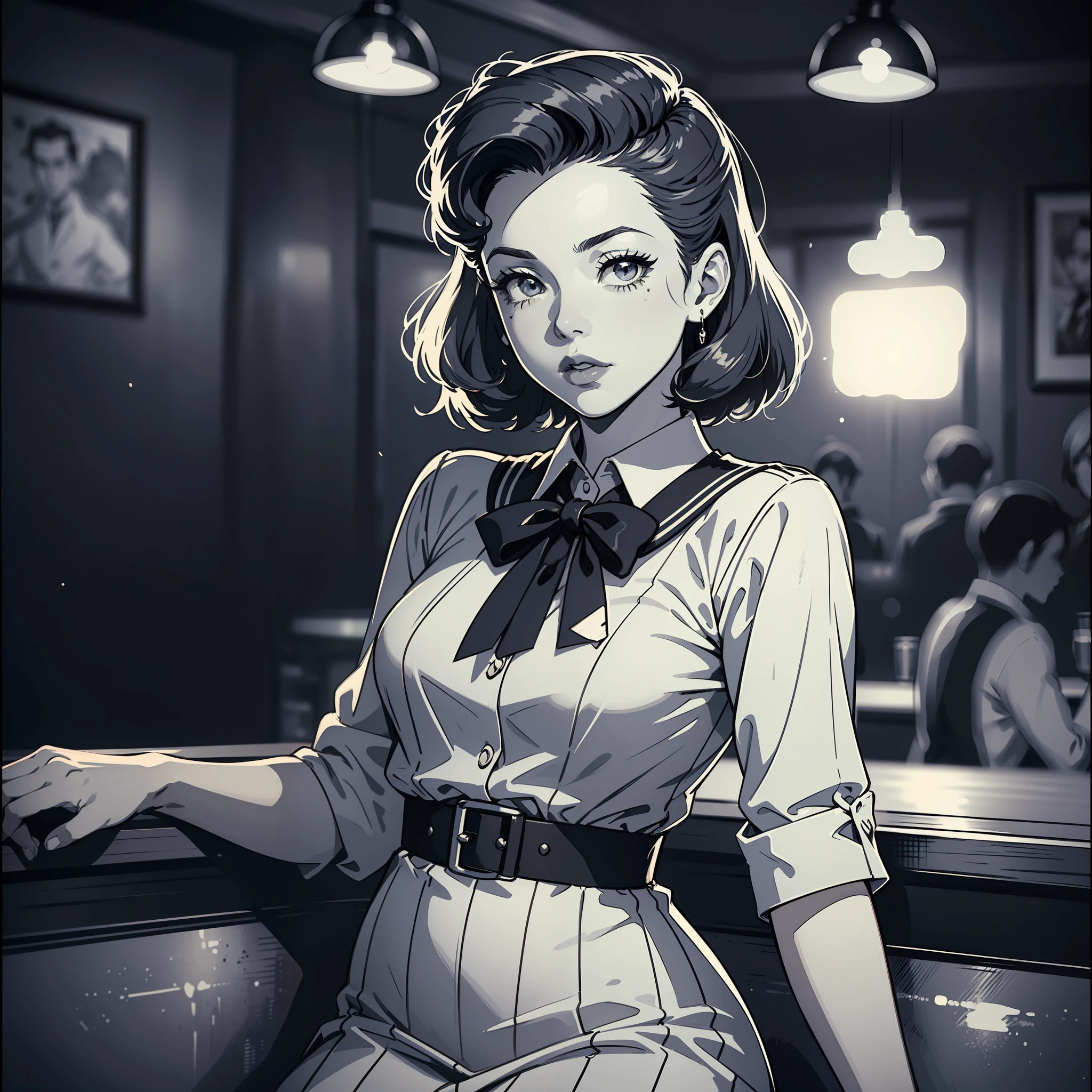 full body portrait of Betty (styled in a 1940's, Sailor Dress, highly detailed:1.3), (highly detailed face:1.8), (1940's Pompadour Hairstyle:1.3), (slim body, small breasts, small hips:1.5), (leaning back on the bar:1.5), (background inside a dark, old, 1940's big-band bar:1.4), (soft studio lighting, volumetric shadows), JCH Street Pan, ISO 100