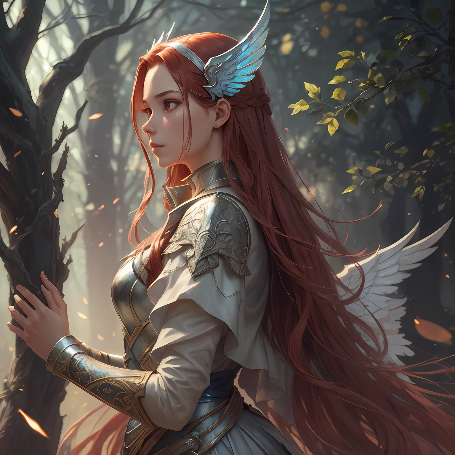 (atmosphere with light and a tree behind)+ 8k aurora portrait, girl with super long hair, super long very light red hair, in battle clothes, with giant silver wings on the back, intricate, highly detailed, digital painting, smooth, sharp focus, illustration, unreal engine 5, 8 k, art by Artgerm and Greg Rutkowski and Alphonse Mucha