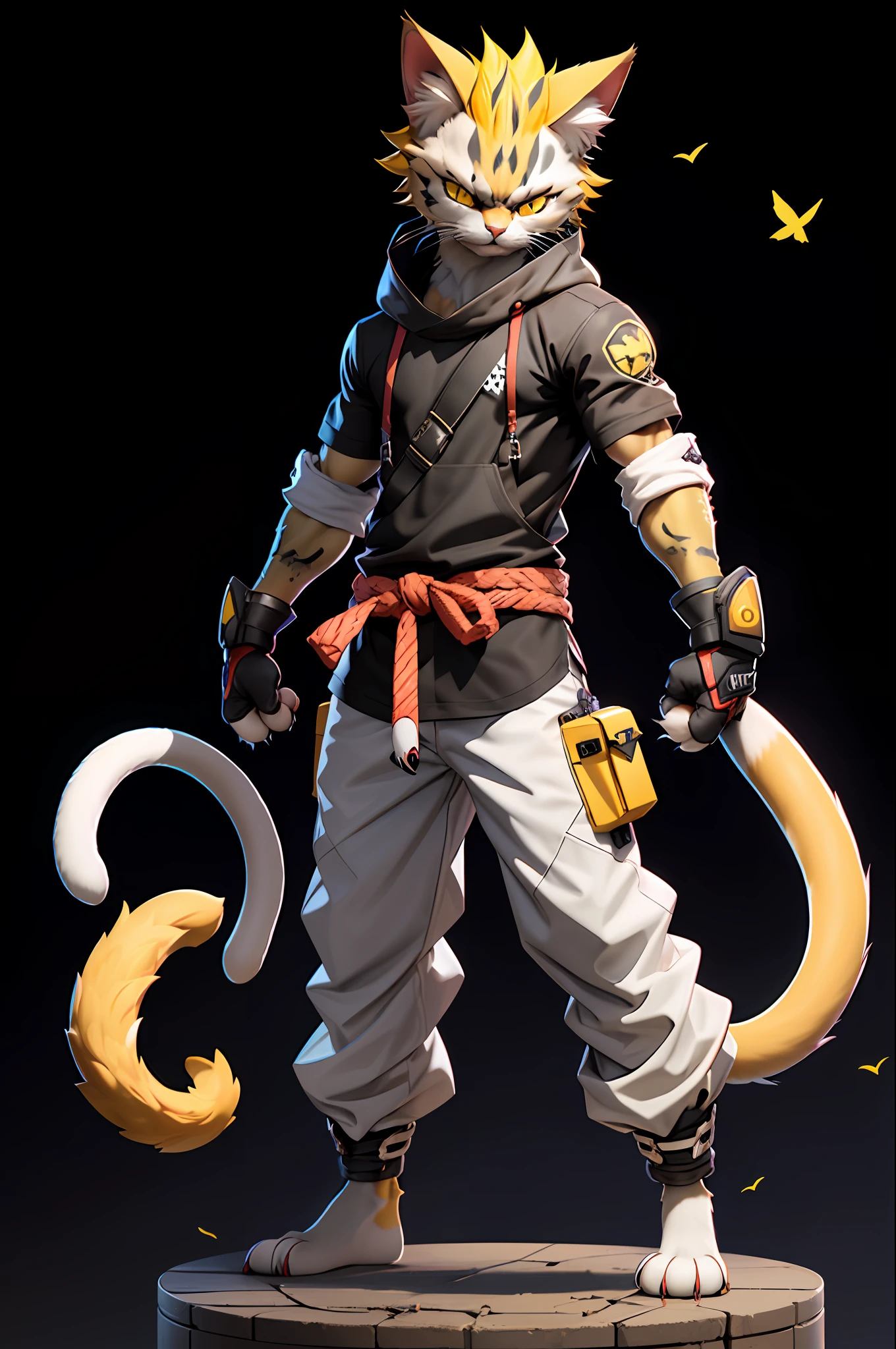 better quality,
 tail, solo, cat ears, yellow hair, yellow eyes, 2 cat tail, 1boy, gloves, animal ear fluff, standing, full body, looking at viewer, black background,
rackanimal, balck bottom,