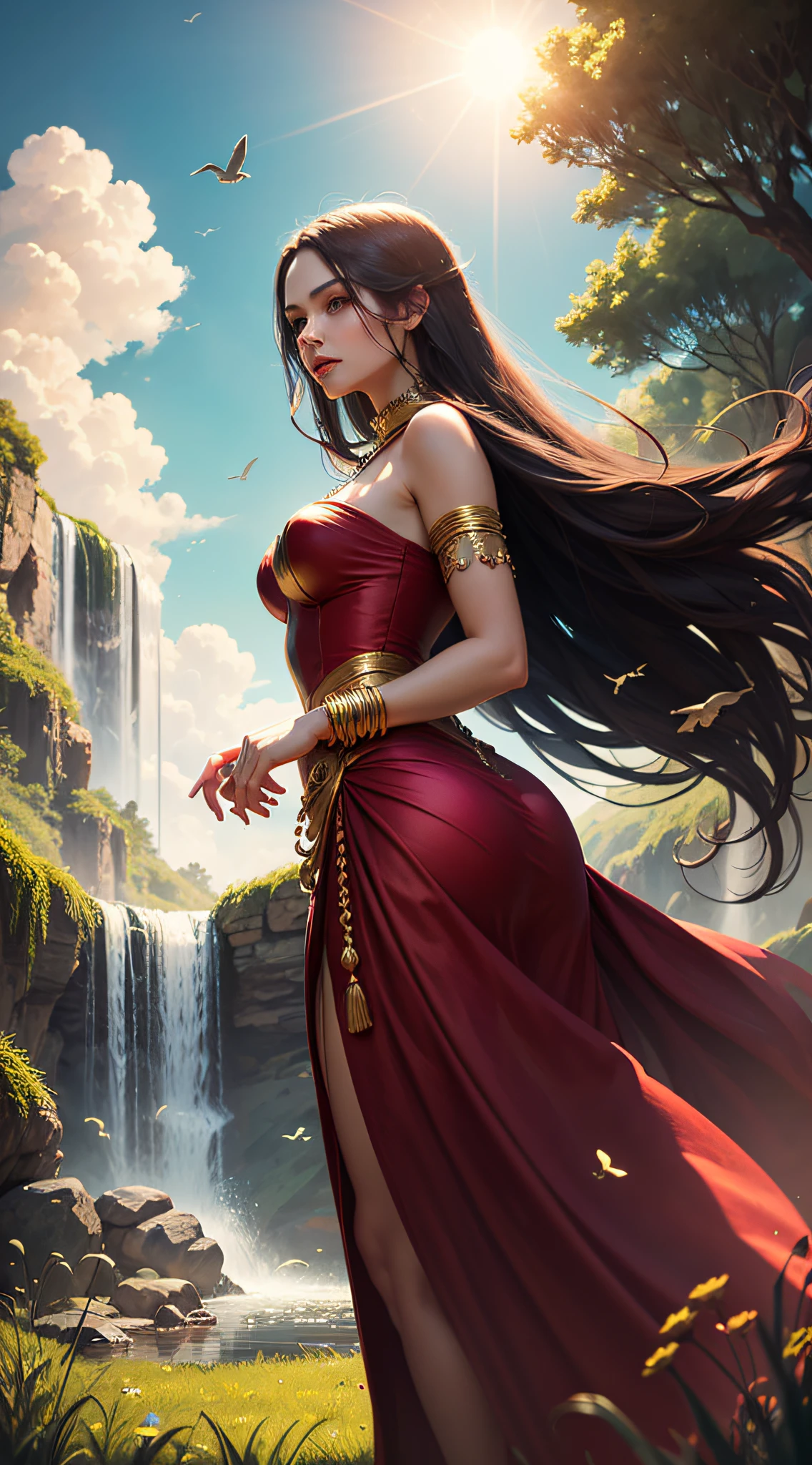 "Red woman with long hair, red silk dress, gold beads, gold ring, gold bracelet, grass, flowers, waterfall, blue sky, sun, birds in the sky" --auto