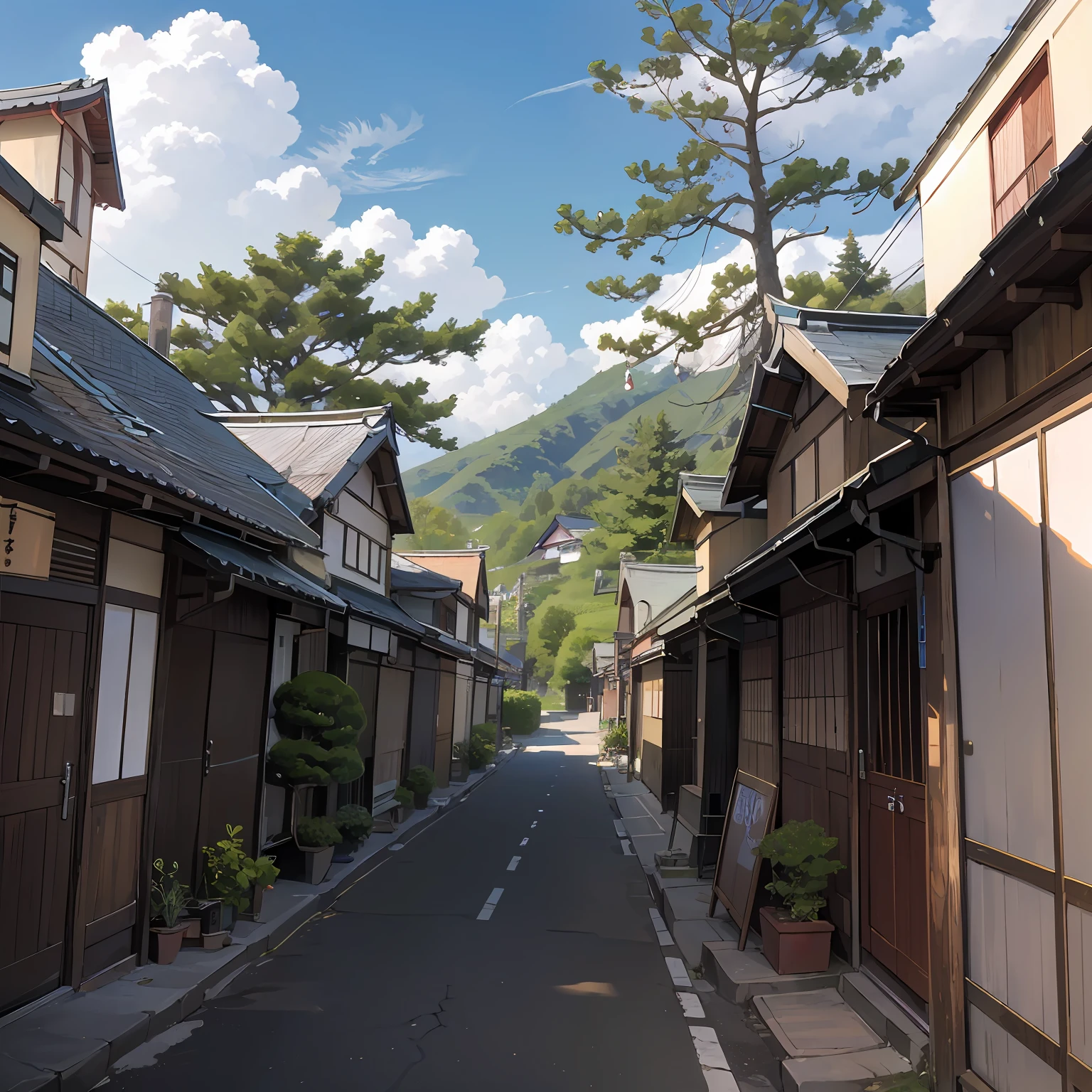 (Japanese town landscape), (real style), cartoon, few Japanese townhouses, roads, curves, small houses, trees, poles, white clouds, calm landscapes, outdoors, green trees, epic composition, realistic lighting, HD details, masterpiece, best quality, (very detailed CG unified 8k wallpaper), --auto --v6