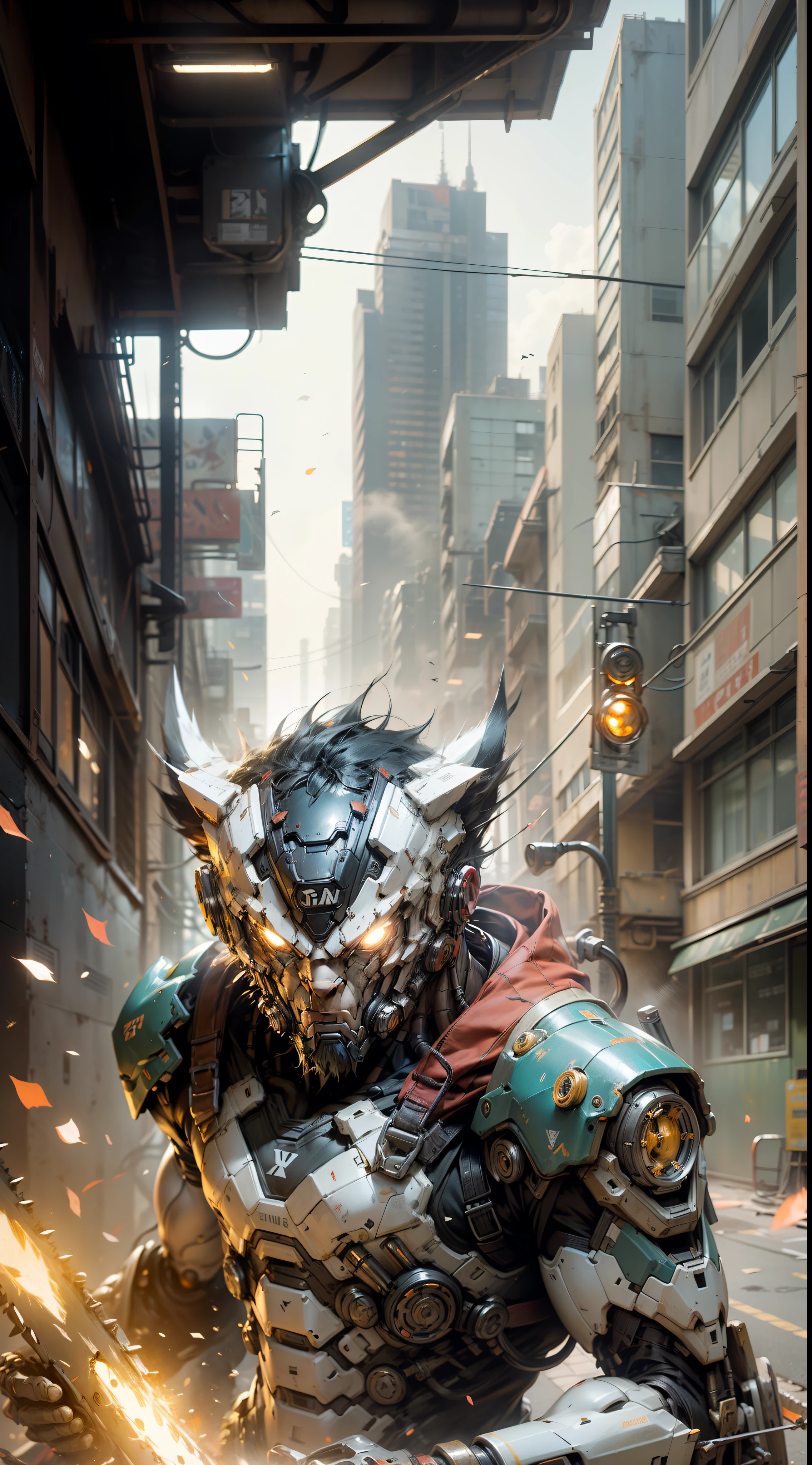 wolverine Dark_Fantasy,Cyberpunk,(chainsaw,chainsaw man,Red: 1.1),1man (wolverine's face),Mechanical wonder,Robotic presence,Cybernetic guardian, wearing a worn mechanical suit, intricate, (steel metal [rusty]), elegant, clear focus, shot by greg rutkowski, soft lighting, vibrant colors, masterpiece, ((street)), cowboy shot, dynamic pose,