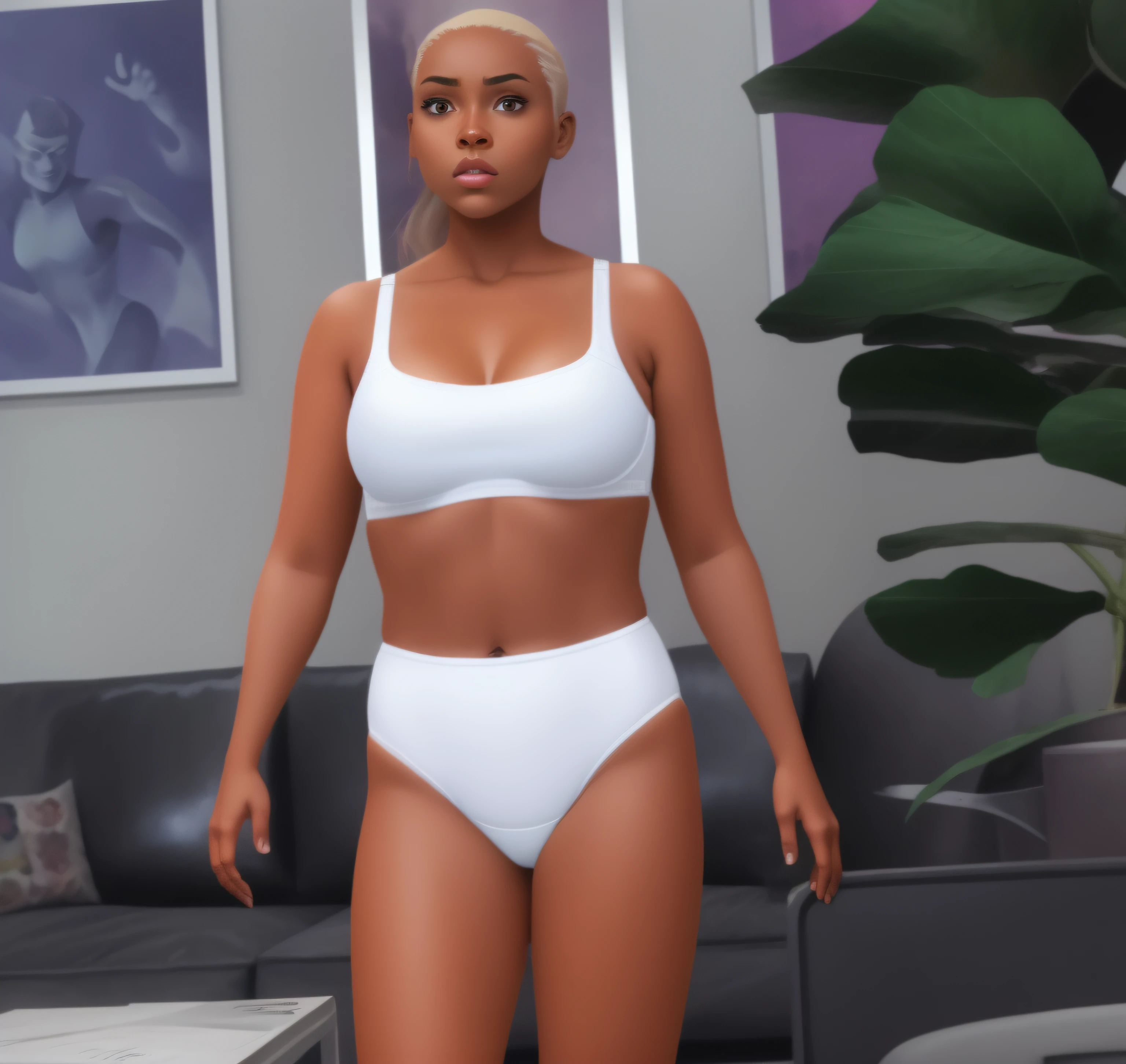 Black blonde woman in white bra and white cotton panties, comic book art style, intricate details, in her apartment