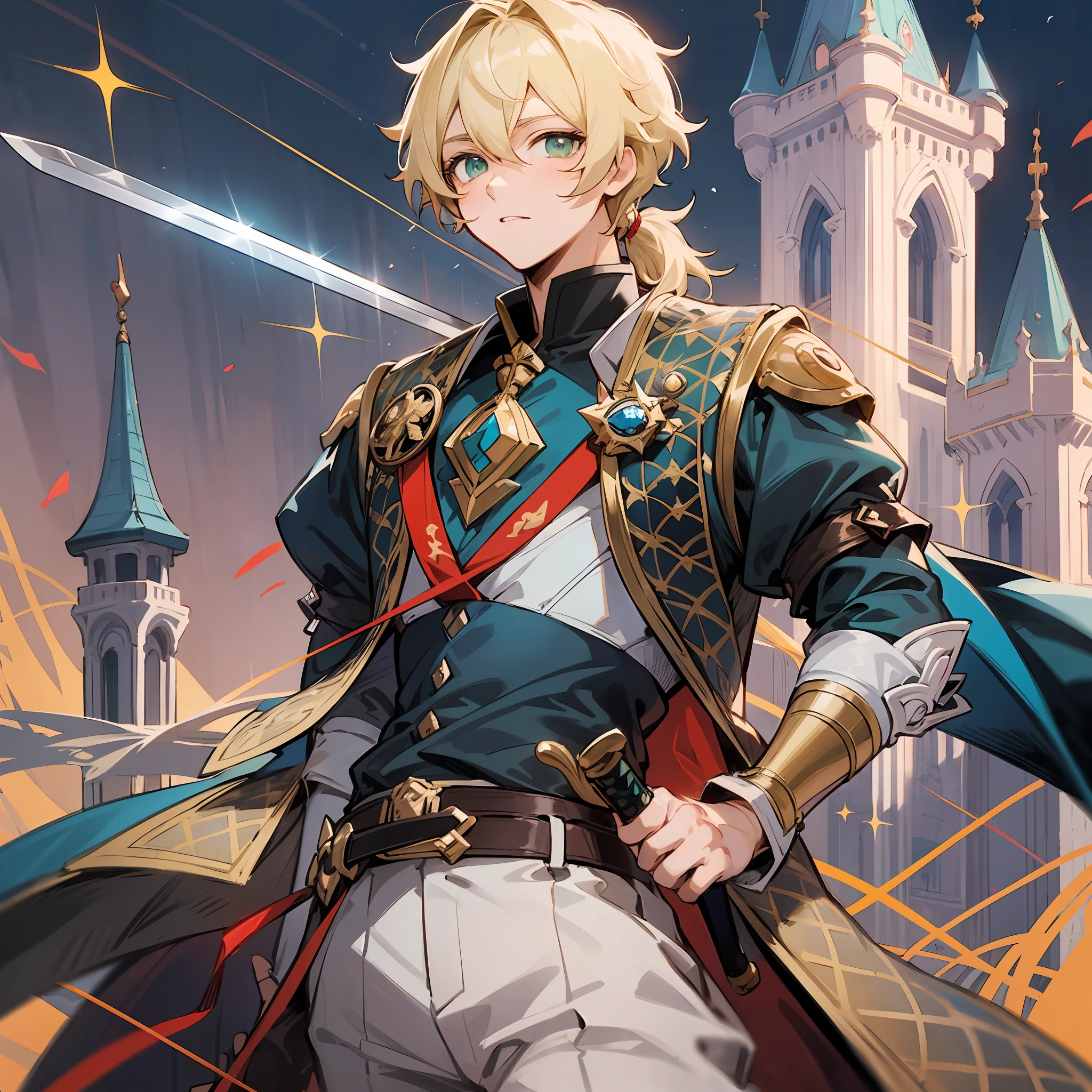 A boy, a prince, a prince blond hair, blue lock, green eyes, thin, royal dress, with a sword, hair with a low ponytail, in front of a castle, anime style, 2d, genshin impact style, anemo, high quality, manga--Counterfeit-V3.0