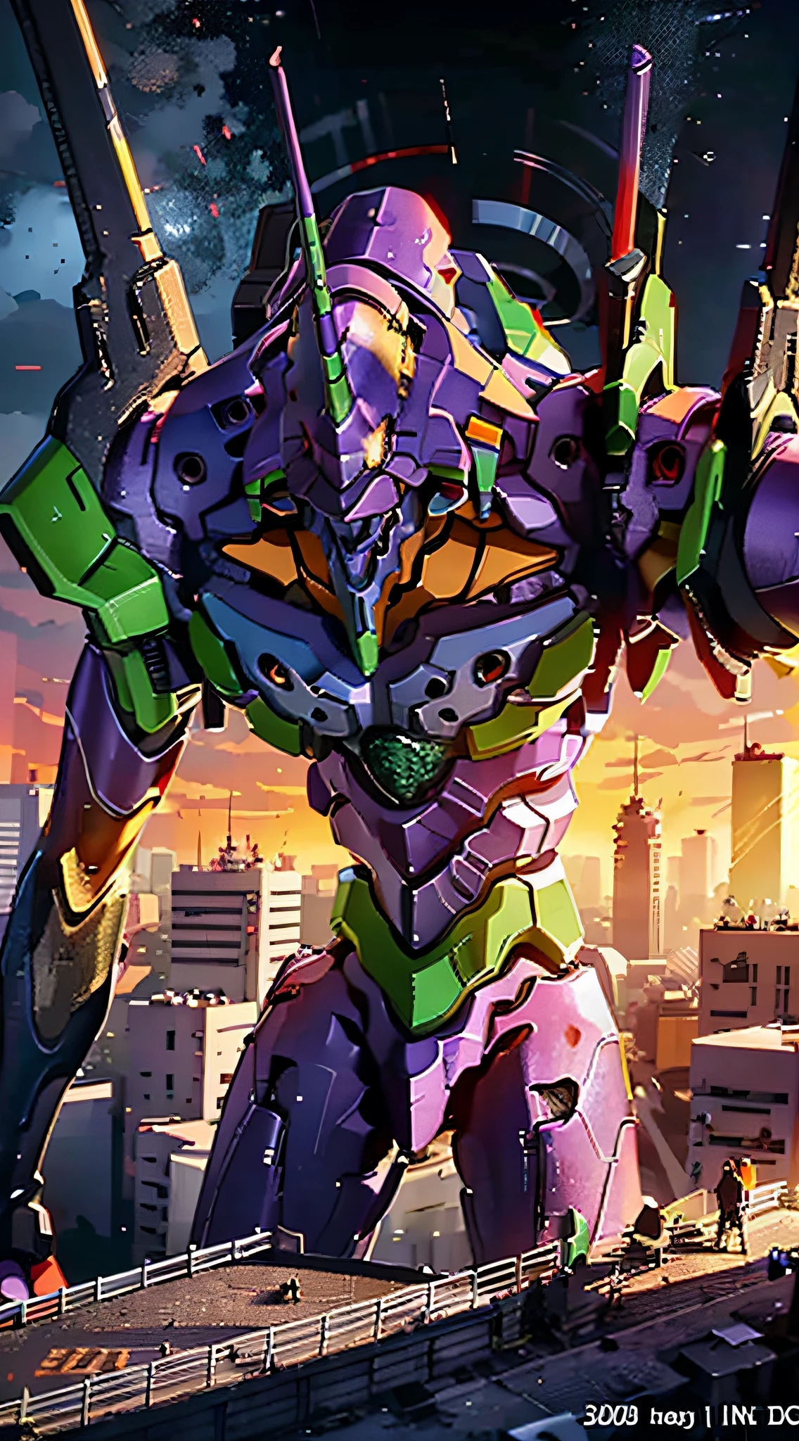 (Eva 01), Eva God, Evangelion Mecha, Science fiction, Looking at the Audience, 3d rendering, (Official Art, Best Quality, Masterpiece: 1.2), Illustration, High Resolution, Beautiful Abstract Background, Futurism, Cyberpunk, Intense Angle,