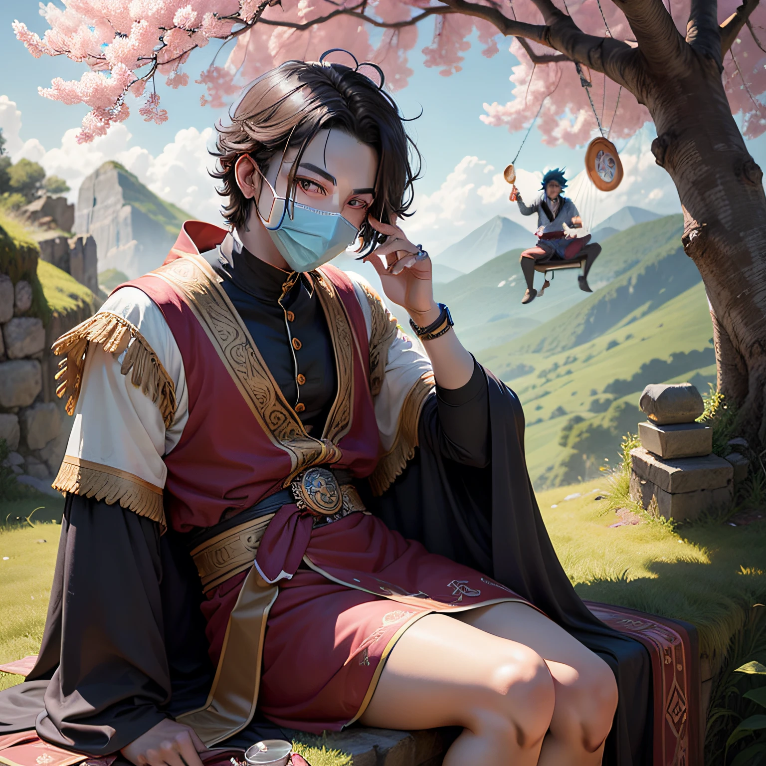 A bard, androgynous-looking, blue-skinned, half-genius, mystical-looking, with the masks of tragedy and comedy hanging from his waist, holding a Harp Lyre, sitting under the shade of a tree, with pink leaves, on top of a mountain., light smile, drunk, anime, high quality, award winning --auto