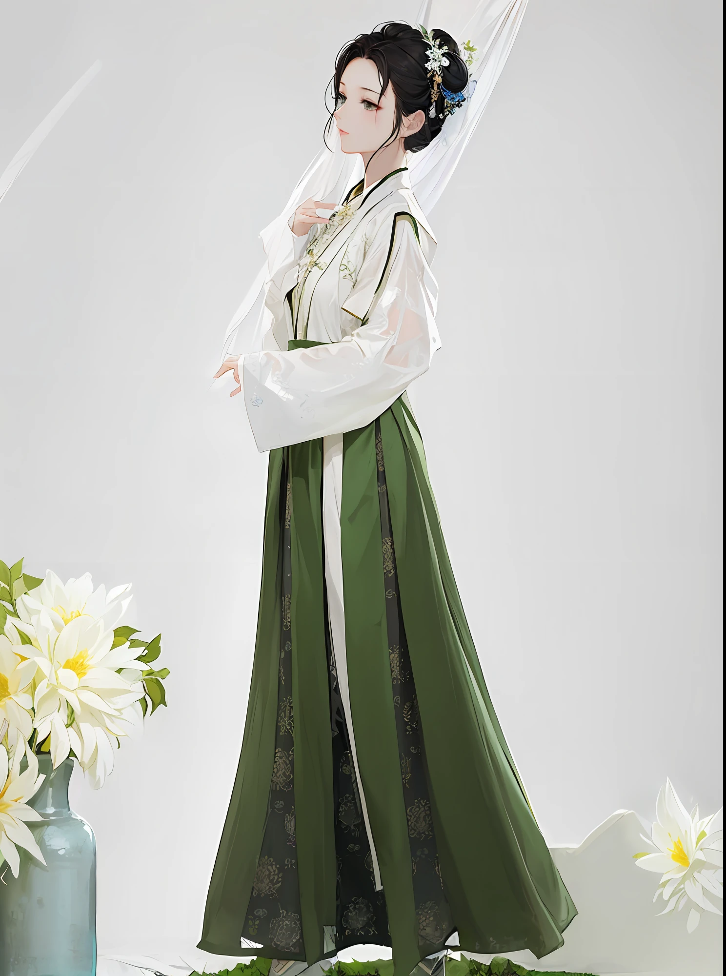arafed woman in a green and white dress standing next to a vase of flowers, hanfu, wearing ancient chinese clothes, traditional chinese clothing, white hanfu, with acient chinese clothes, palace , a girl in hanfu, inspired by Emperor Huizong of Song, inspired by Lan Ying, inspired by Qiu Ying, inspired by Tang Di